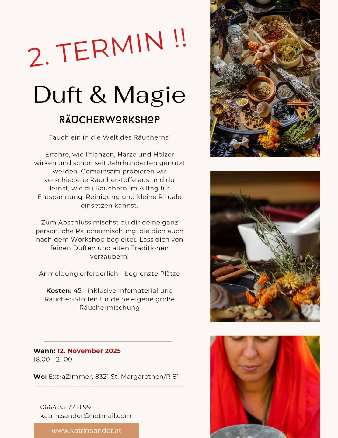 Du hast Freude am Räuchern oder möchtest mehr darüber wissen? Komm zu mir ins ExtraZimmer und stell dir deine eigene feine RäucherMischung zusammen!
Ich freu mich auf dich!
#Räuchern #räucherwerk #spirituallife #pflanzenkraft