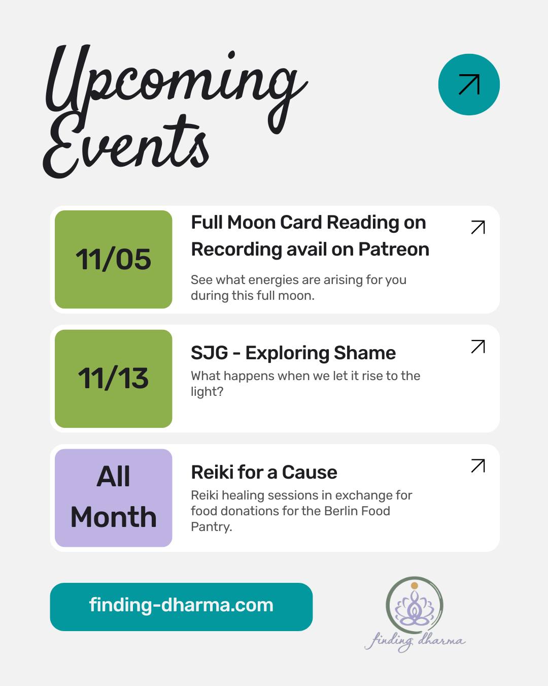 ๐๐ผ What if your healing begins where shame once lived?
๐๐ผ Where is love asking to move through you, to flow outward and inward?
๐๐ผ Where is your soul guiding you to grow next?
Come join me this month and explore the medicine within. ๐
#findingdharma #soulgrowth #souljourney #soulguidance #HealingJourney #InnerWork #SpiritualEvents #ShameToHealing #SelfDiscovery #EnergyHealing #ReikiForACause #ConsciousCommunity