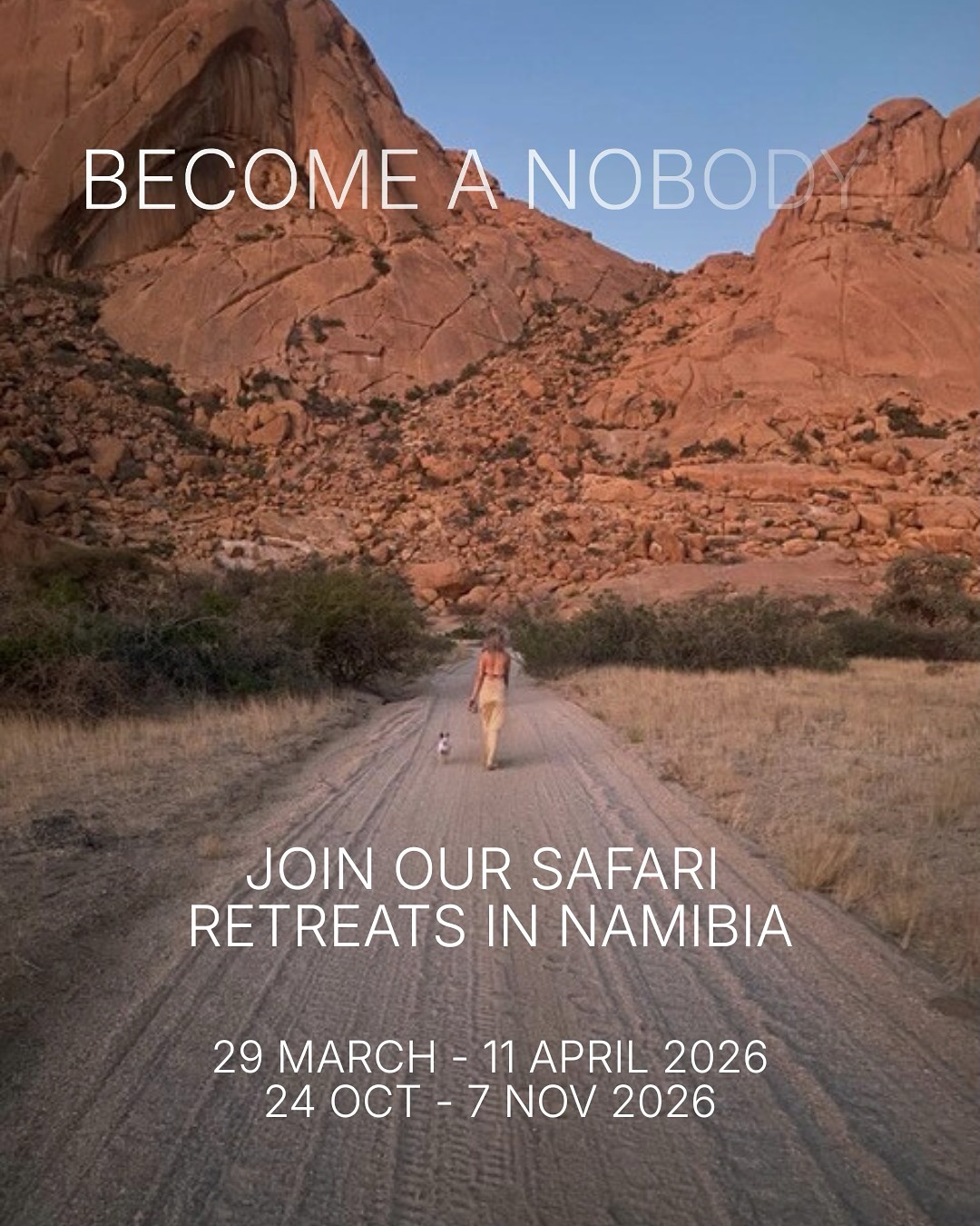 You think you’re travelling through Namibia —
but really, Namibia travels through you.
Let the desert remember who you are;
and the emptiness bring you back to yourself.
Become a nobody again.
With dust in your hair, stars in your eyes. And light in your heart!
Join our 14 days safari-journey through this amazing wild land — and the landscapes within, to reconnect with what’s always been yours. Hell yeah.
Link in bio.
#nobodysafari #namibiaretreat #desertretreat #souljourney #innersafari #wildandwithin #stagingthegood #frehooftvanhuysduynen #spiritualtravel #mindfuladventure #deserthealing #nomadicsoul #conscioustravel #reconnectwithin #safariofthesoul #desertmagic #findyourstillness #journeytoself #offthegridretreat #namibiamagic