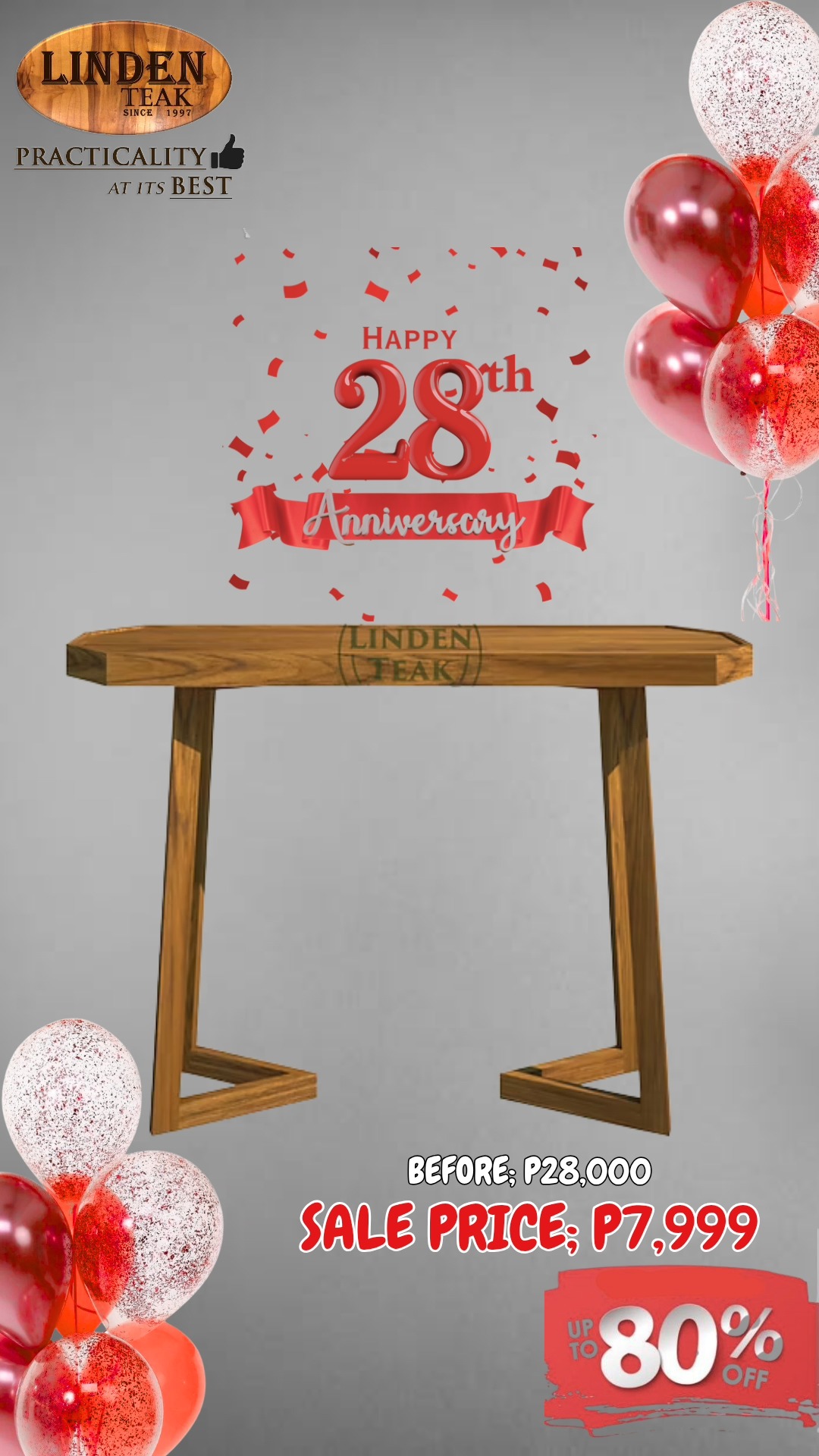 🎉 Celebrating Our 28th Anniversary!
This month only, enjoy up to 80%OFF on select items—our biggest savings of the year! Plus, get 0% interest for up to 12 months on selected purchases.
🪑 We also offer free design consultations and 3D drawings for customized furniture, along with free delivery in select areas.
📍 Visit our stores to explore over 500 actual ITEMS on display, or browse online at www.lindenteakfurniture.com.