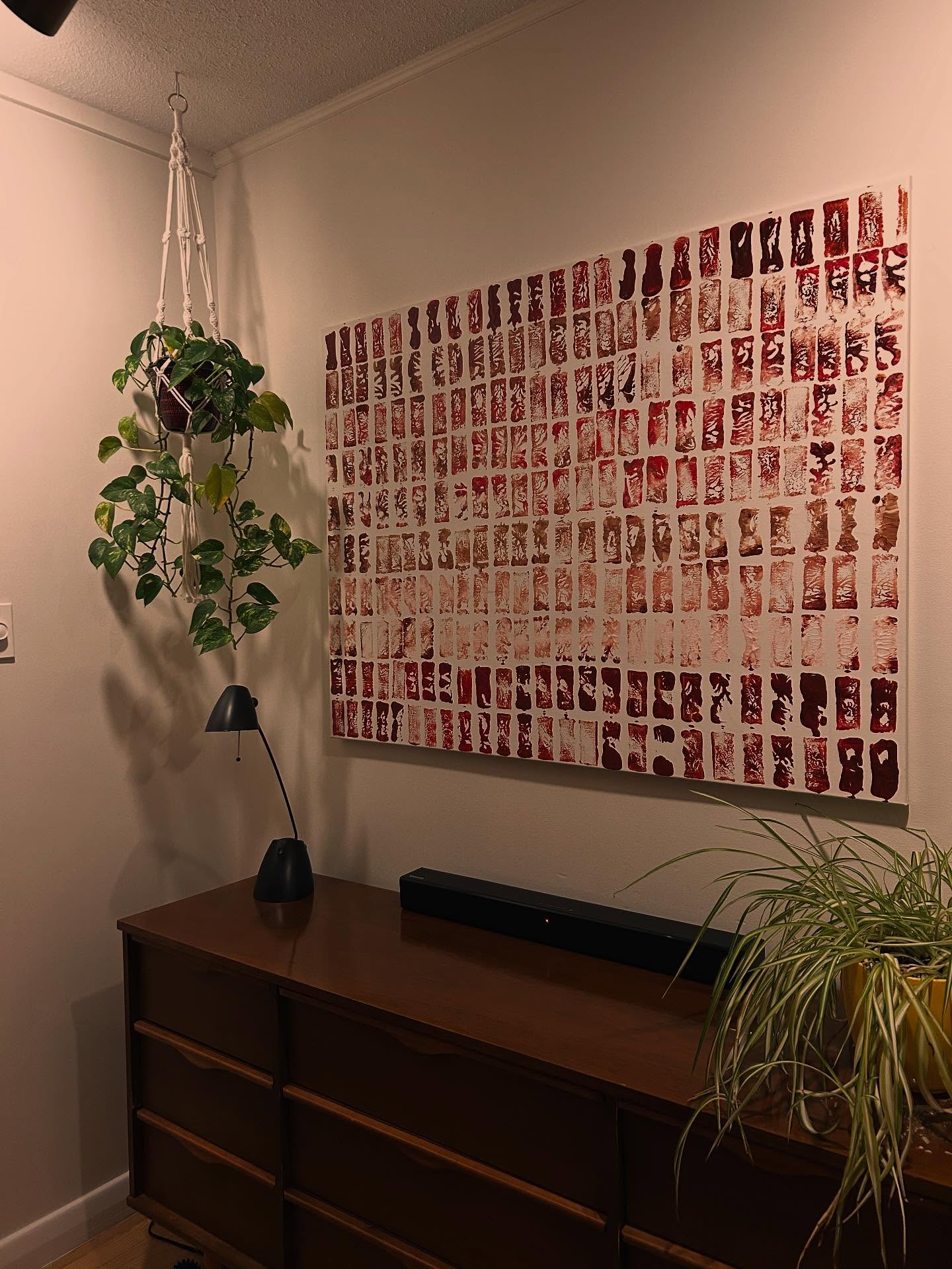 Here I took an empty cinnamon spice jar as my print model where I stamped it repeatedly across the canvas only ever using three colours: bright red, dark brown and white. I placed them in a bowl where the cinnamon jar was naturally constricted in movement, which meant I couldn’t control the colours that stuck to it. When lifting the spice jar, the paint created these organic lines and shapes, and again once it made contact with the canvas. I could stare at this piece for hours.
Acrylic - 48” x 36”
Waiting for confirmation.
#niksenmoods
#paint
#canvas