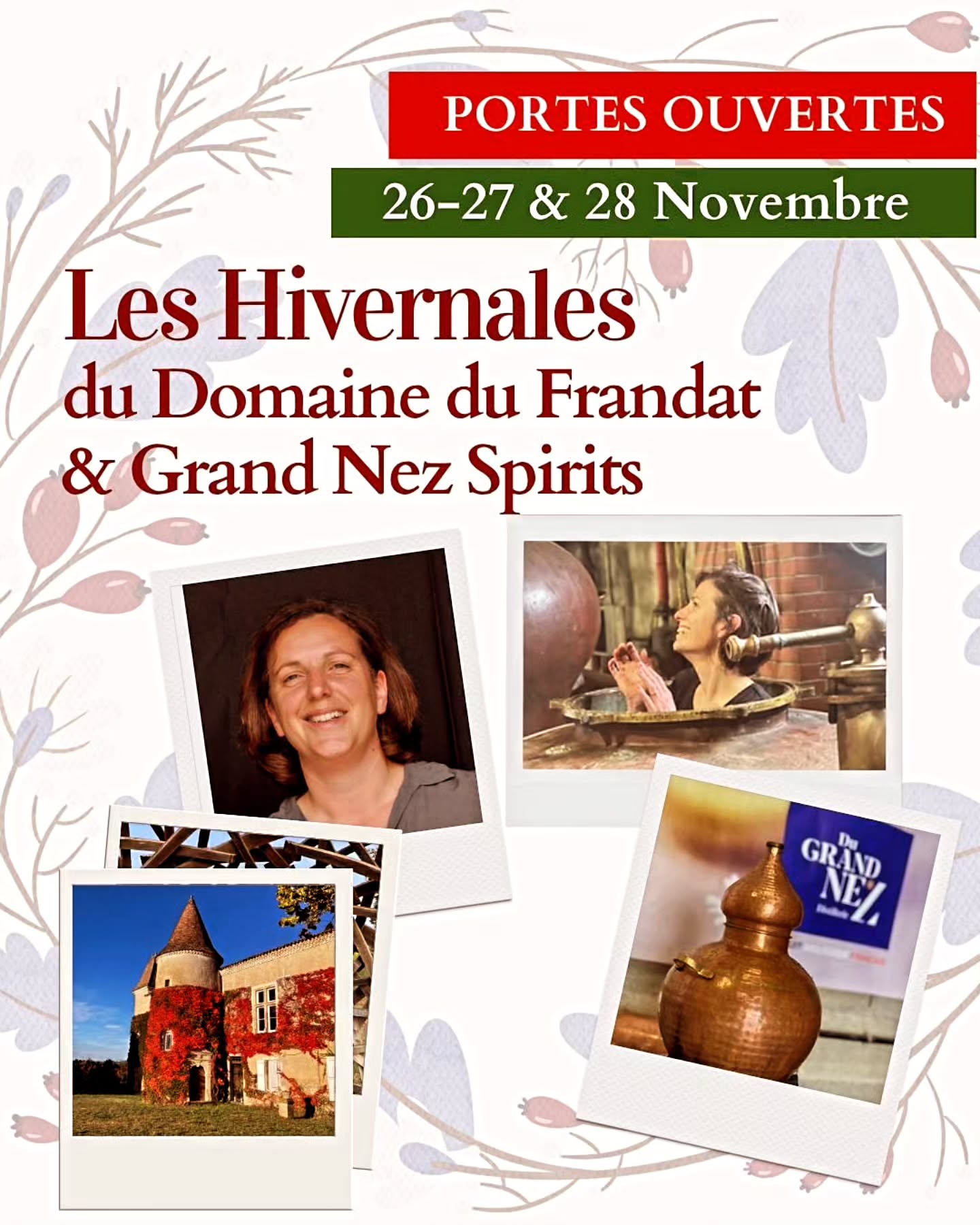 Mercredi 26 Novembre – C’est parti !
14h00 – Ouverture des portes, bienvenue!
16h00 - 17h30 - Goûter : gaufres
de 14h00 à 17h30 :
Dégustations et promos spéciales en boutique 🎁
Salle découverte Gins, Spis et vins - pour tous en libre accès
Coin lecture avec BD, livres
Coloriages
Jeux
Jeudi 27 Novembre
11h00 – Visite Domaine du Frandat avec Laetitia (gratuit - sans réservation)
10h00 - 17h30 toujours :
Dégustations et promos spéciales en boutique 🎁
Salle découverte Gins, Spis et vins - pour tous en libre accès
Coin lecture avec BD, livres
Coloriages
Jeux
Vendredi 28 Novembre
11h00 – Visite du chai avec Anne-Hélène (gratuit - sans réservation)
10h00 - 17h30 encore :
Dégustations et promos spéciales en boutique 🎁
Salle découverte Gins, Spis et vins - pour tous en libre accès
Coin lecture avec BD, livres
Coloriages
Jeux
La Grande Clôture :
A partir de 18h30 – 🔥 Cocktail dinatoire avec Bruno Saclier (Sur réservation - 28 € / pers - Boissons en plus)
Réservations à contact@dugrandnez.fr ou tourisme@chateaudufrandat.fr.
Abus d'alcool est dangereux pour la santé. A consommer avec modération