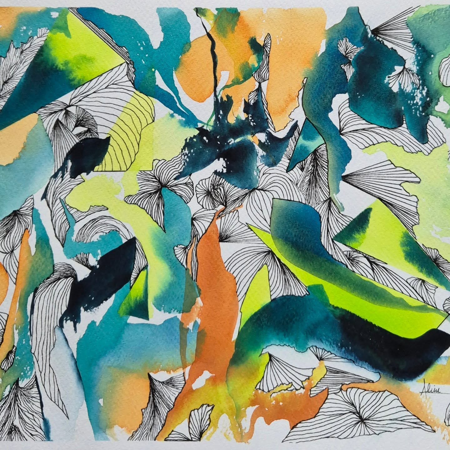 La géométrie rencontre l’organique —lumière de verts, dorés et orangés pour une composition pleine de tension et d’équilibre.
#aquarelle #artcontemporain #floralart #geometryinart #aquarelleflorale #vibration #colorharmony #modernwatercolor #artistepeintre #motifsfloraux #atelierdartiste #creationartistique