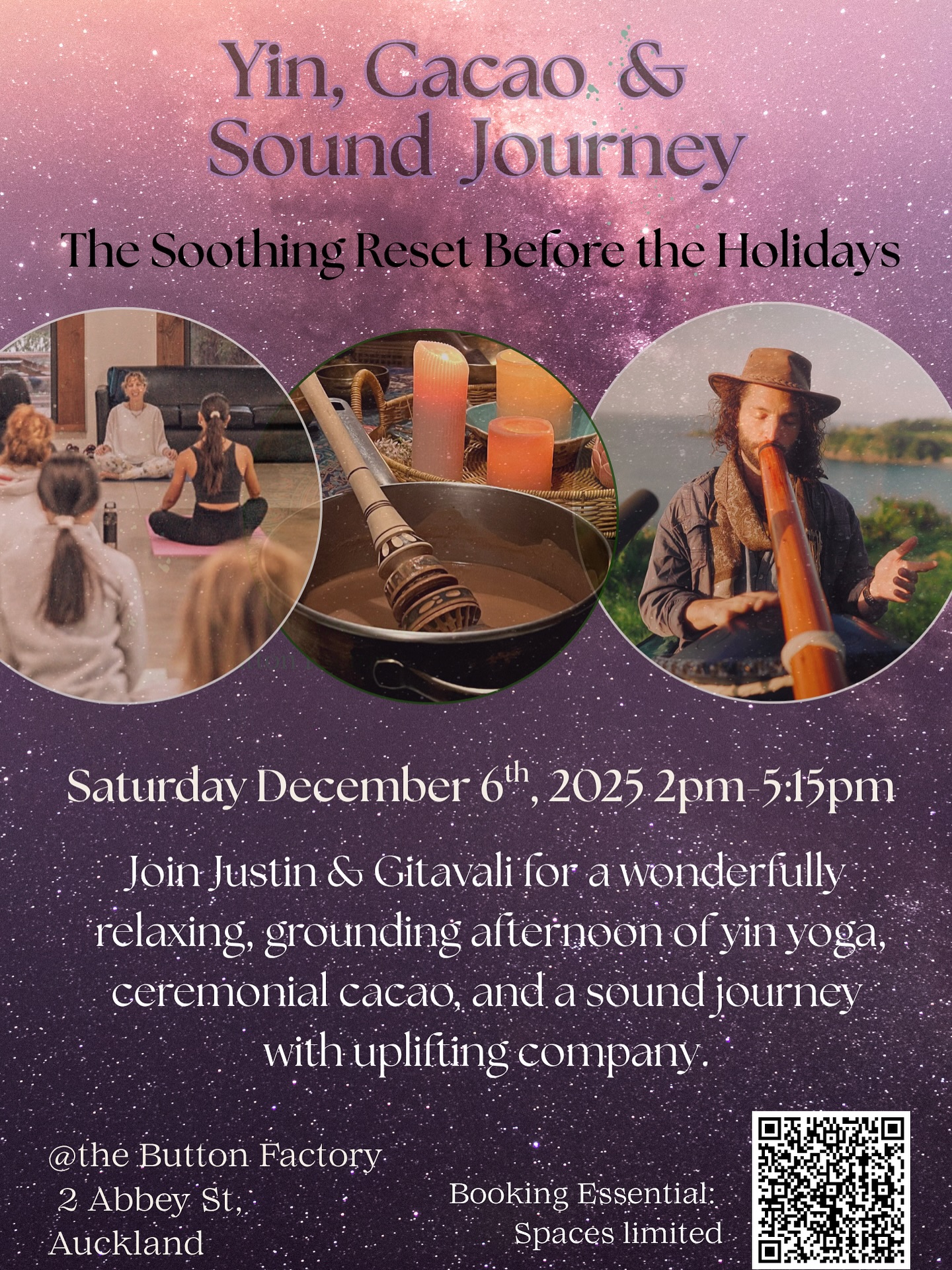 Introducing my next collab event happening in less than 4 weeks! Yin yoga, ceremonial cacao, intention setting, and a powerful sound journey.
Excited to be joining forces again with my good friend Justin of @kohaelproject at the vibrant venue of @thebuttonfactorynz
Watch this space, reels will be released. To get your tickets, the link is in my bio.
Get ready to feel replenished and renewed with life force. Just before the holidays, a perfect gift to feel incredible.
