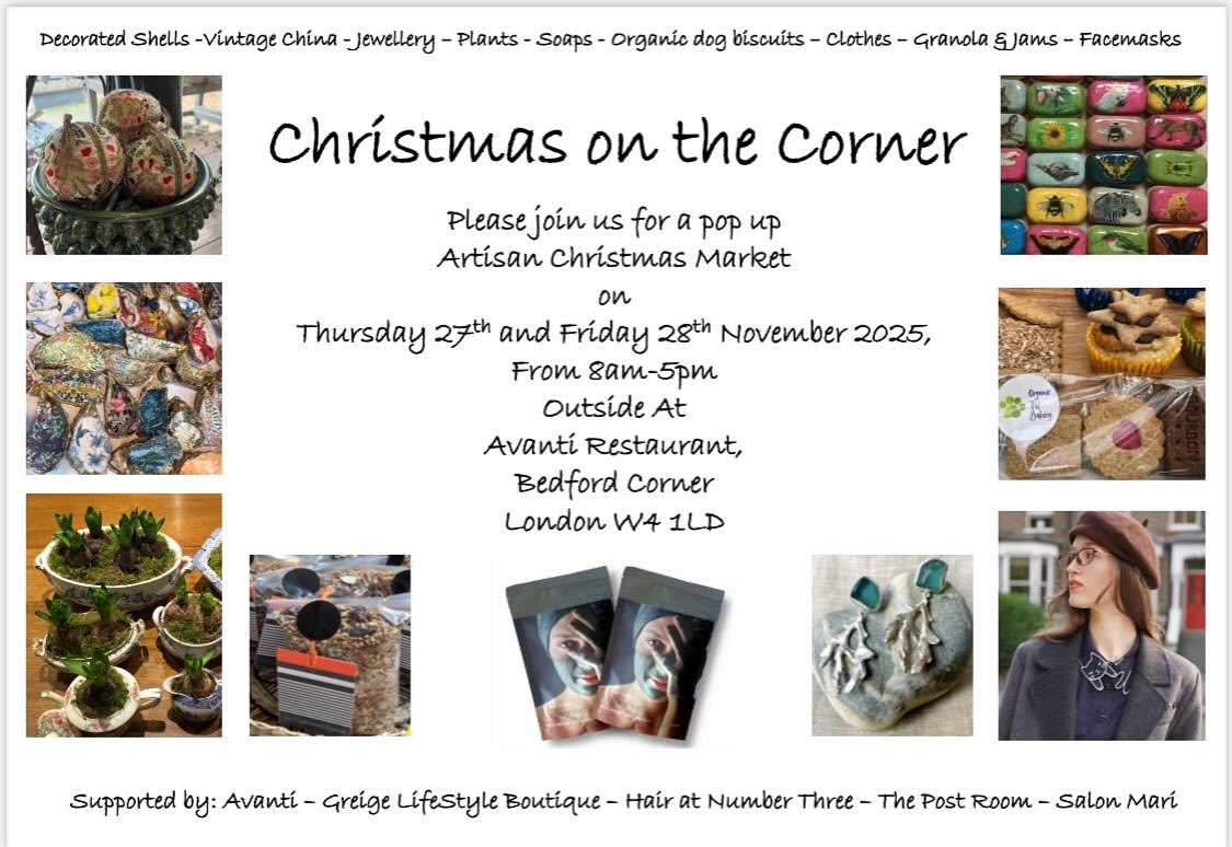 So excited to announce that the annual Christmas pop up will be in Chiswick this year hosted by @avantichiswick on November 27-28 from 8-5pm
the wonderful shops on Bedford Corner are going to be offering discounts and promotions on the days and leading up to Christmas! A support small local business and come see what’s on offer @quirky_pixie_decor
@viking.sol
@organic.pet.bakery
@hungarymud
ailsa.creativecuisine
@bahari.blu
@misspatina
@the_postroom_cafe
@greige_lifestyle
@avantichiswick
@hairatnumberthree
@salonmarichiswick
@sophiebenge