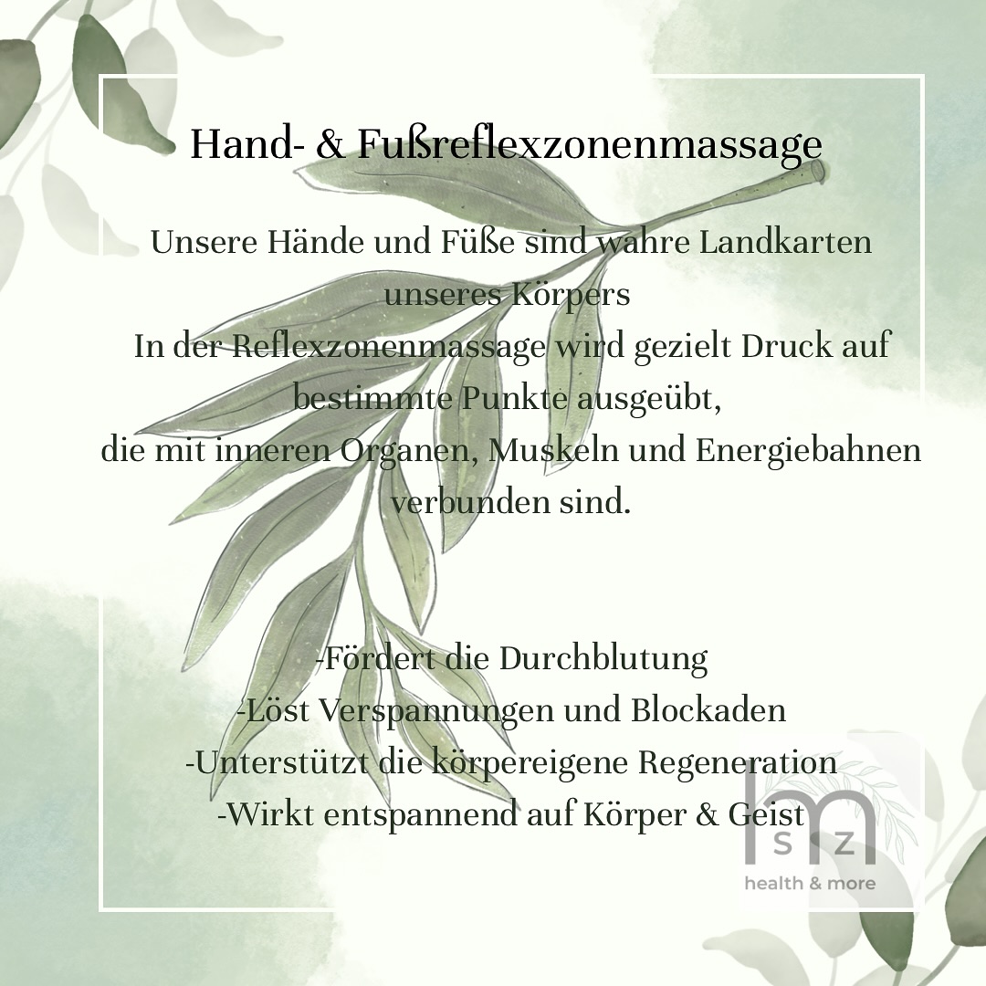 Hand- & Fußreflexzonenmassage – Wohlbefinden durch Berührung ✨
Unsere Hände und Füße sind wahre Landkarten unseres Körpers 🦶🤲
In der Reflexzonenmassage wird gezielt Druck auf bestimmte Punkte ausgeübt, die mit inneren Organen, Muskeln und Energiebahnen verbunden sind.
💆♀️ Wirkung:
• Fördert die Durchblutung
• Löst Verspannungen und Blockaden
• Unterstützt die körpereigene Regeneration
• Wirkt entspannend auf Körper & Geist
🌿 Besonders wohltuend bei:
Stress, Schlafstörungen, Kopfschmerzen, Verdauungsbeschwerden oder einfach, um neue Energie zu tanken.
Gönn dir eine Auszeit für dich – dein Körper wird es dir danken 💚
#Reflexzonenmassage #Fußreflexzonenmassage #Handreflexzonenmassage #Wellness #Entspannung #Massage #Selbstfürsorge #Gesundheit #Balance #Achtsamkeit