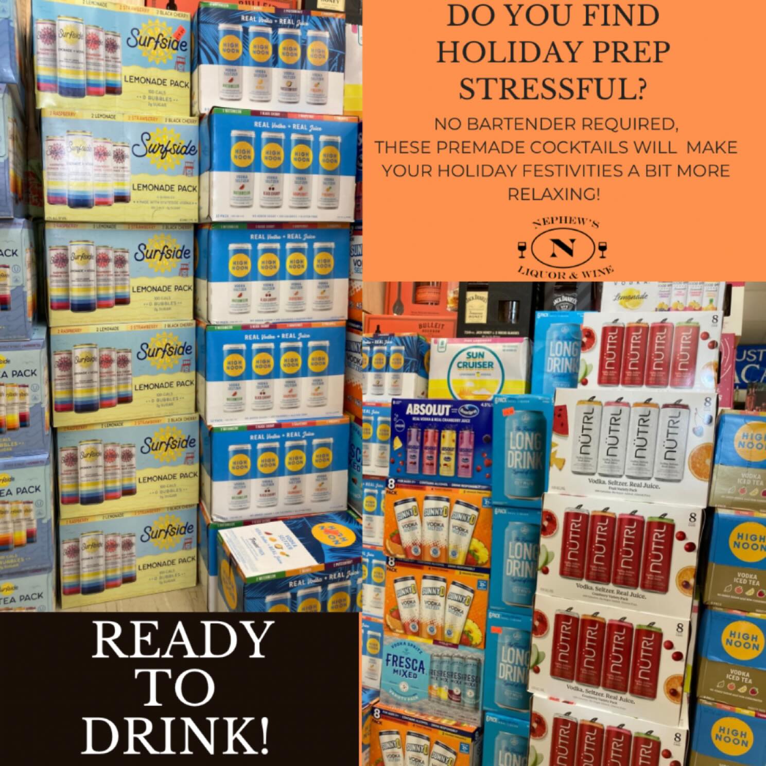 🎯 Stock up for the holidays with premade drinks-save time and spend more moments relaxing and enjoying your loved ones. 💕 @drinksurfside @highnoonsunsips @fresca @absolutus