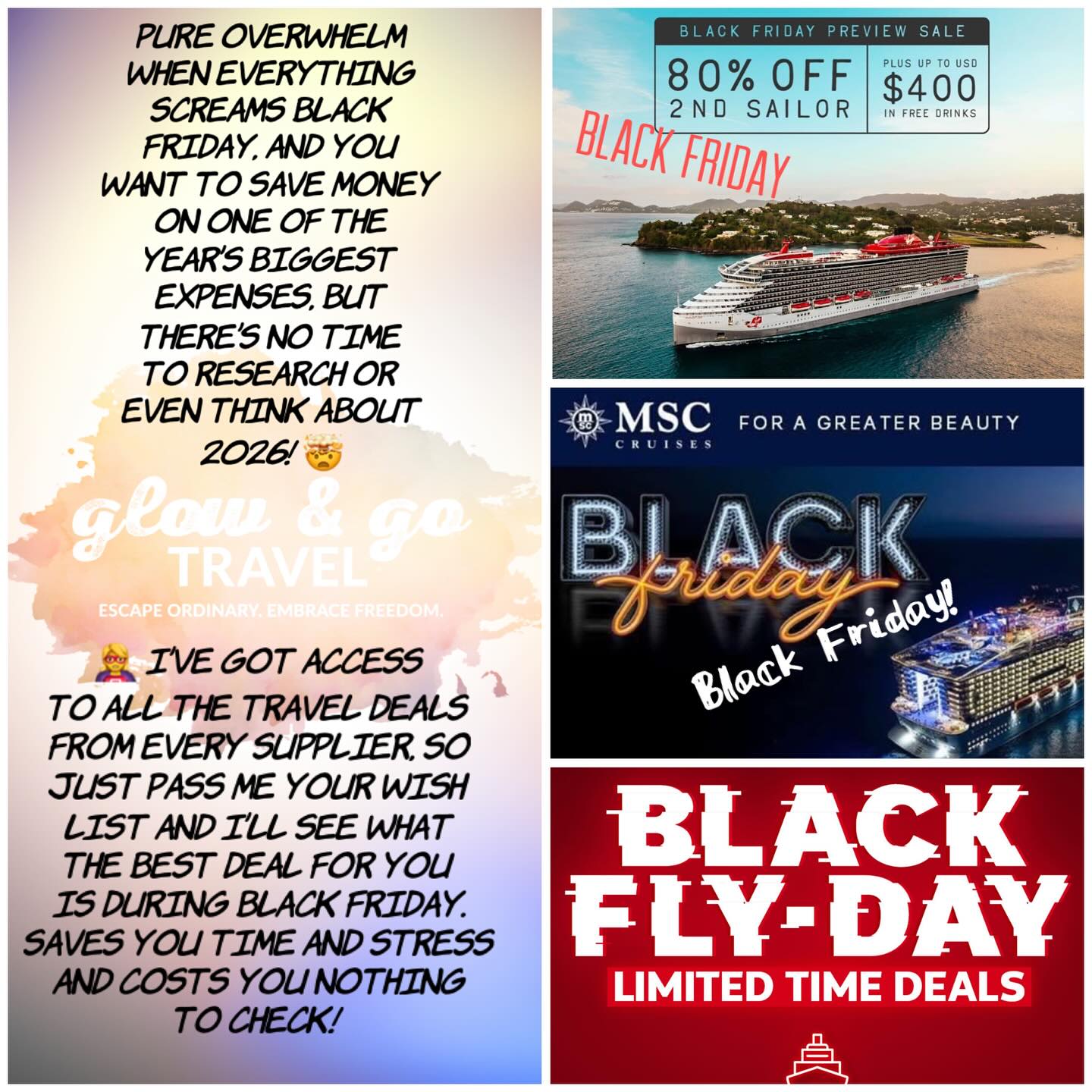 OVERWHELMED BY BLACK FRIDAY? With everything screaming for your attention, it's hard to find time to research travel deals for one of the year's biggest expenses. But what if you had access to all the deals from every supplier? Send me your wish list and I'll find the best deal for you. No stress, no cost, just savings! #glowandgotravel #escapeordinary #embracefreedom #dm #wishlist #travel #dream #blackfriday