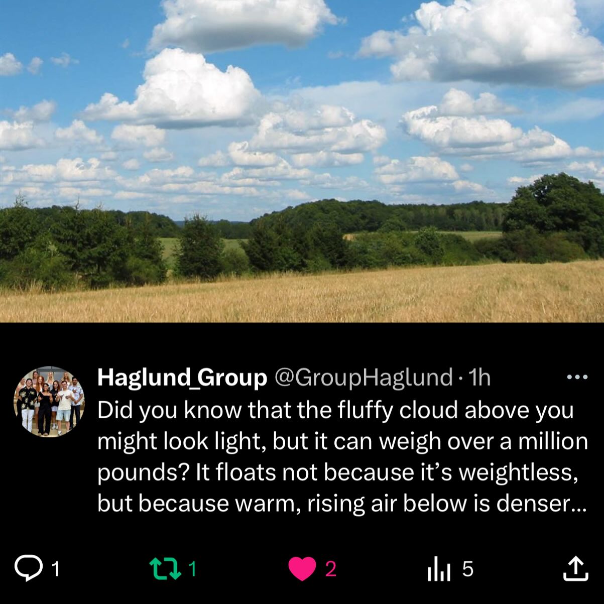 Did you know that the fluffy cloud above you might look light, but it can weigh over a million pounds? It floats not because it’s weightless, but because warm, rising air below is denser than the cloud’s moist air—keeping this massive masterpiece of physics suspended in the sky.
Reference: https://www.usgs.gov/water-science-school/science/how-much-does-a-cloud-weigh#science
#funfacts #funfactfriday #funfact #scientificfacts #hawaii #universityofhawaiiatmanoa #uhm #universityofhawaiia #uh #science #researchgroup #haglundgroup #drhaglund