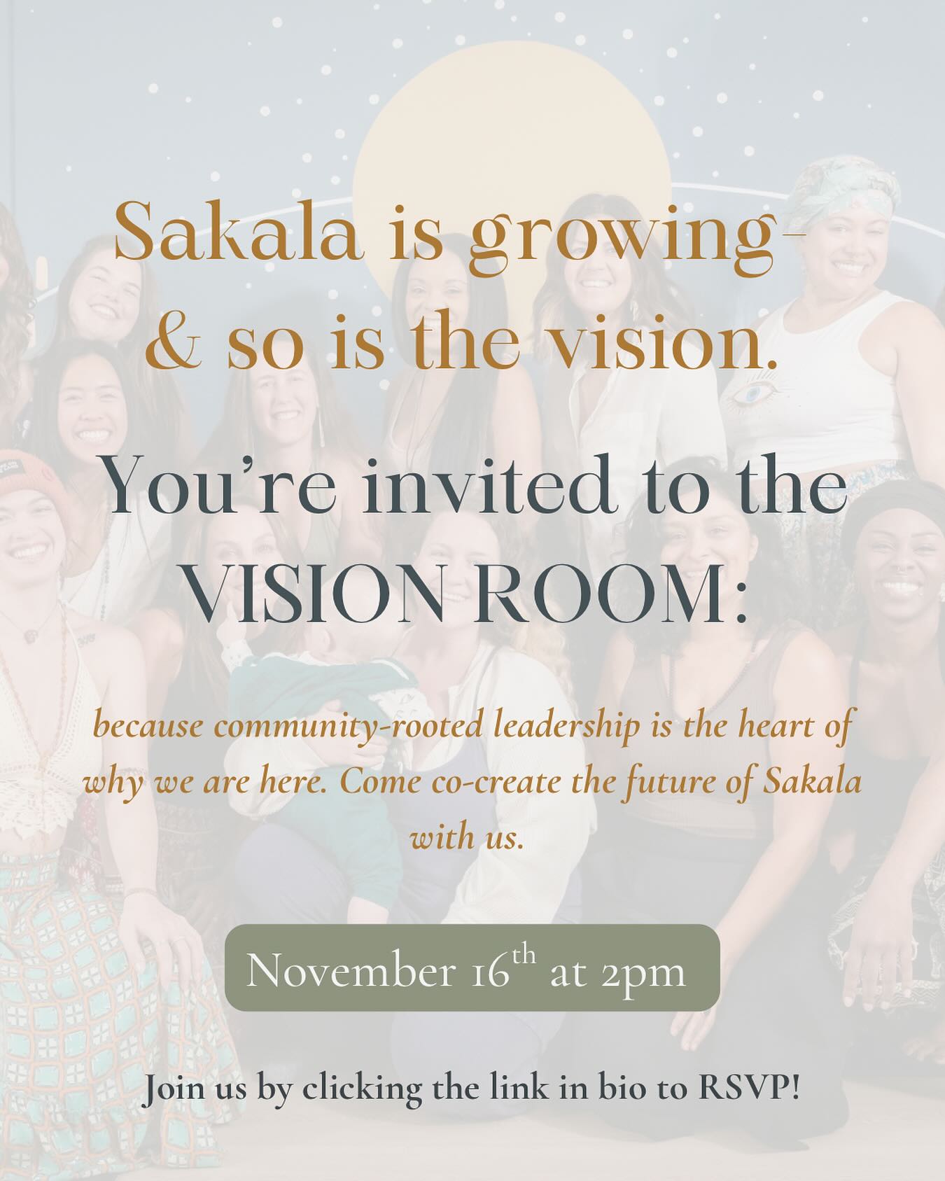 Your voice. Your vision. Your Sakala.
Sakala is growing & we’re shaping what comes next- together.
Join us in The Vision Room ✨a collaborative gathering where community-rooted leadership meets shared dreams.
We’ll explore Sakala’s evolving mission & begin imagining our first community-driven decolonized NON PROFIT BOARD 🙏
Whether you are a long time contributor to this community or just getting to know Sakala, this is your chance to share ideas, connect, and co-create the future.
JOIN US this Sunday, November 16th at 2pm ✨
Share your voice & vision with us- RSVP by clicking link in bio!
If you cannot attend either of these gatherings- there will be a Google form coming out soon that you can fill out and still have your voice be heard ❤️
We are SO excited for what’s to come & honored to have you apart of it.
See you in the VISION ROOM ✨
denverhealingcommunity #denvercommunity #denveryogaspace #denveryoga #denversoundhealing #denverwellness #sakalacommunity #wearebuildingsomethingdifferent #findyourpeople #youbelonghere #denverevents #wellnessisarightnotaprivilege #nonprofitdenver #communityfocused