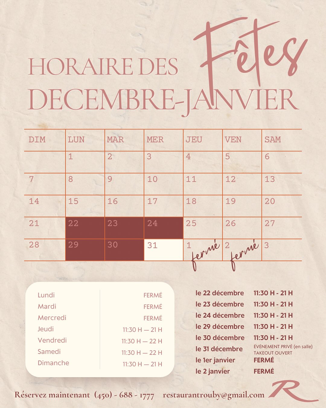 HORAIRE DES FÊTES🎄
.
.
.
HOLIDAY HOURS 🎄
#christmasdinner #lebanesefood #mtlfoodie #lavalfood #restolaval #restomtl #libanais #restaurant #restaurantnearme