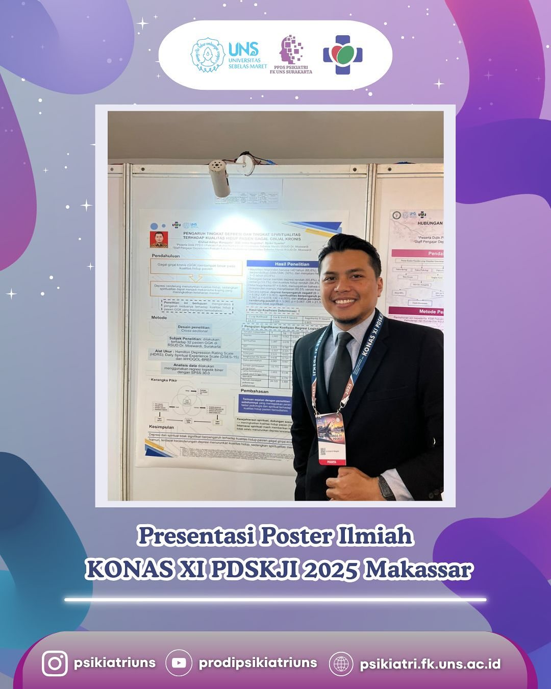 Selamat Kepada:
🌟 dr. Ershad Aditya Manggala
🌟 dr. Halim Tezar Kusuma
🌟 dr. Rahilla Ermariza
Telah berpartisipasi dalam presentasi poster ilmiah pada KONAS XI PDSKJI 2025 di Makassar! 👏
Keterlibatan dalam forum ilmiah nasional ini menjadi wujud kontribusi nyata dalam pengembangan ilmu psikiatri di Indonesia.
Terus berkarya dan berbagi inspirasi melalui penelitian dan inovasi! 🌿
#KONASXI #PDSKJI2025 #Psikiatri #FKUNS #PosterIlmiah #BanggaBersama #Makassar2025