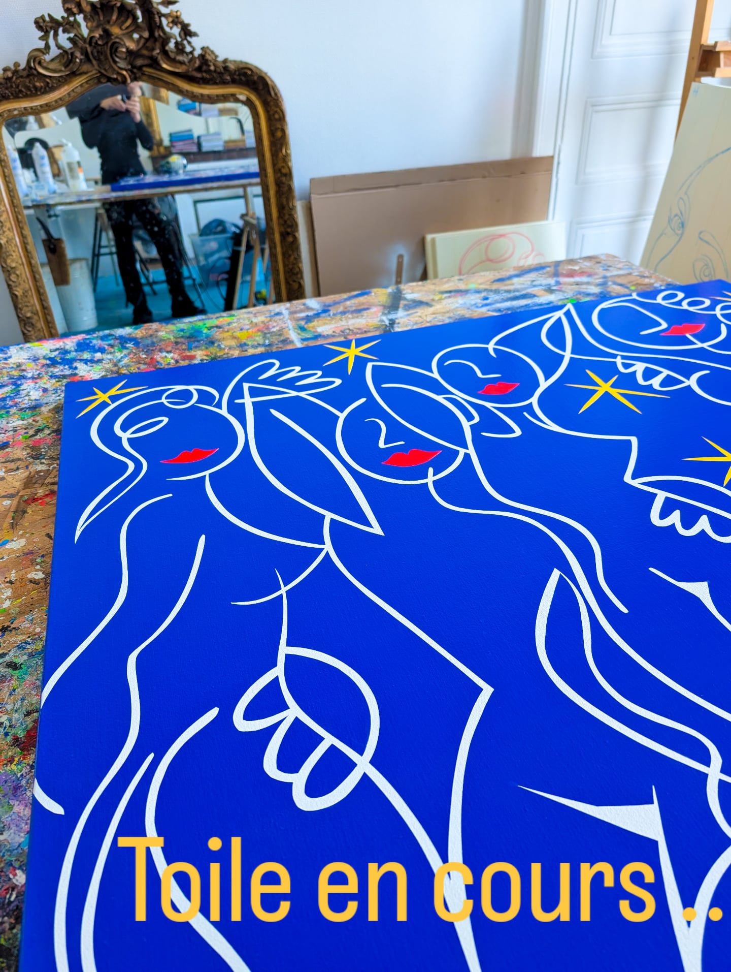 Cette toile est en cours, il manque le relief...
Indice : c'est un hommage à une très célèbre toile cubiste, l'avez-vous reconnue ?