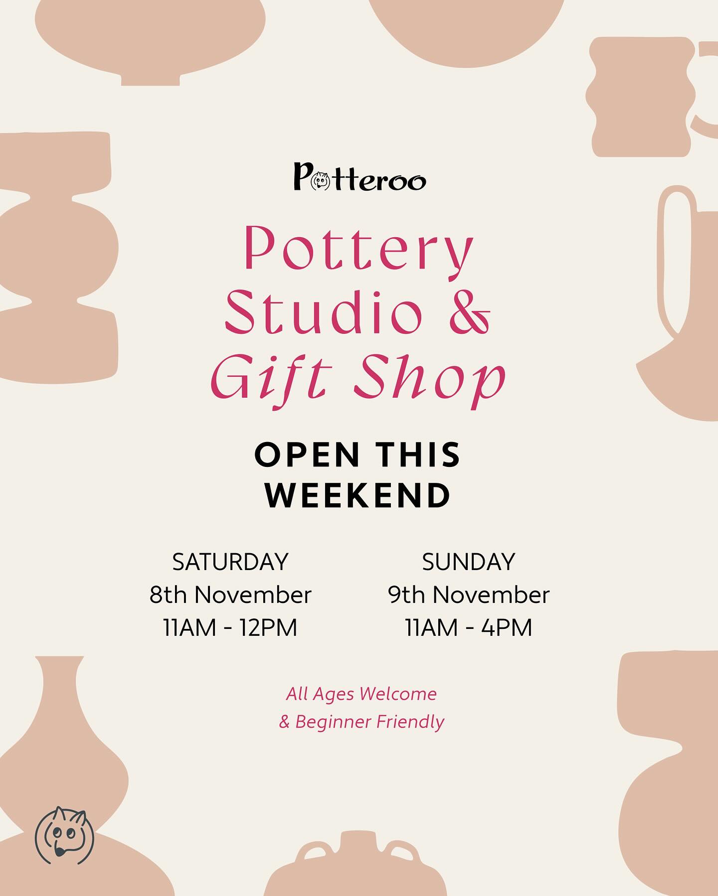 The Potteroo Pottery Studio and Gift Shop will be open this Weekend!!
Saturday 8th Nov: 10am to 12pm
Sunday 9th Nov: 10am to 4pm
We would love to see you there💫
