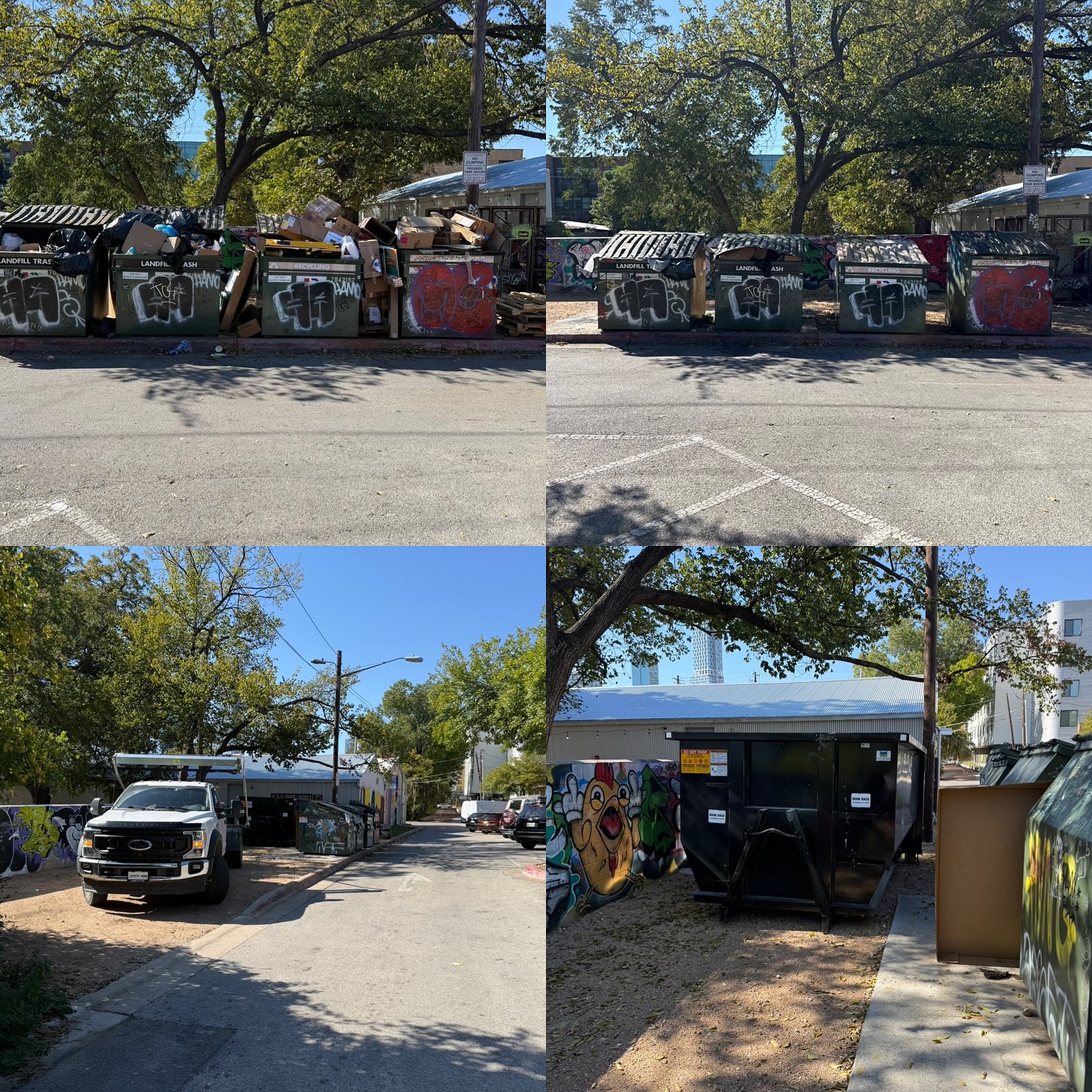 Those bins were working overtime 😅. But We gave them a quick cleanup. We were asked to see if we can squeeze a dumpster rental in too. We managed to slide a dumpster into the tightest spot to date! This was a fun dumpster delivery!
#DashAwayHauling #AustinDumpsterRental #WeMakeItWork