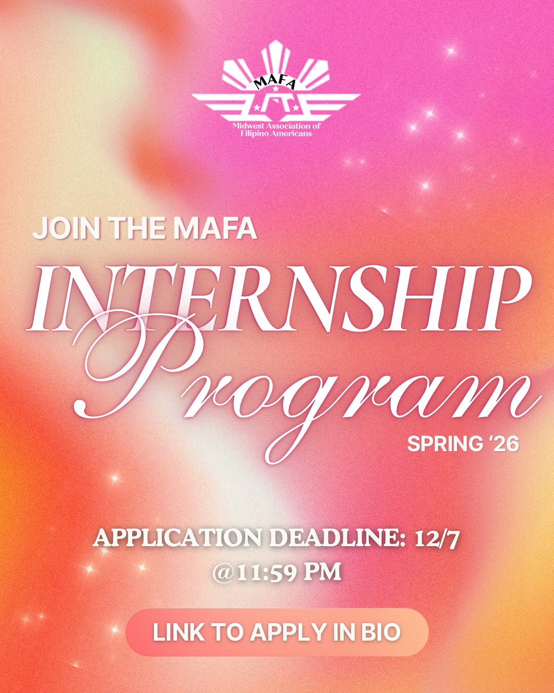 JOIN MAFA’S SPRING INTERNSHIP PROGRAM 🤝🇵🇭
Want to gain leadership, communication, and management skills while connecting with Filipinos all across the Midwest next semester? Apply for the MAFA internship now!! Link to apply is in our bio. Any questions can be answered via email vpi.mafa@gmail.com
Deadline: 12/7 @ 11:59PM CST