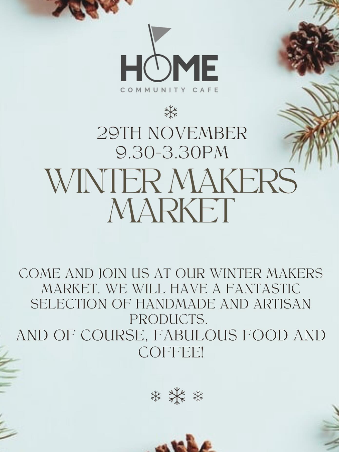We are excited about this years Makers Market! Come down on the 29th November 9.30-3.30pm to get all Christmas shopping done! We have some great sellers this year - all tagged above - check their social outs!
There will be wreath making on offer, cards, gifts, ceramics, Christmas cakes and bakes, art and prints, jewellery, badges and SO much more!
And Home Cafe will be open all day for all your refreshment needs!
Put the date in your diary and see you then!
#homemade
#local
#christmasseason