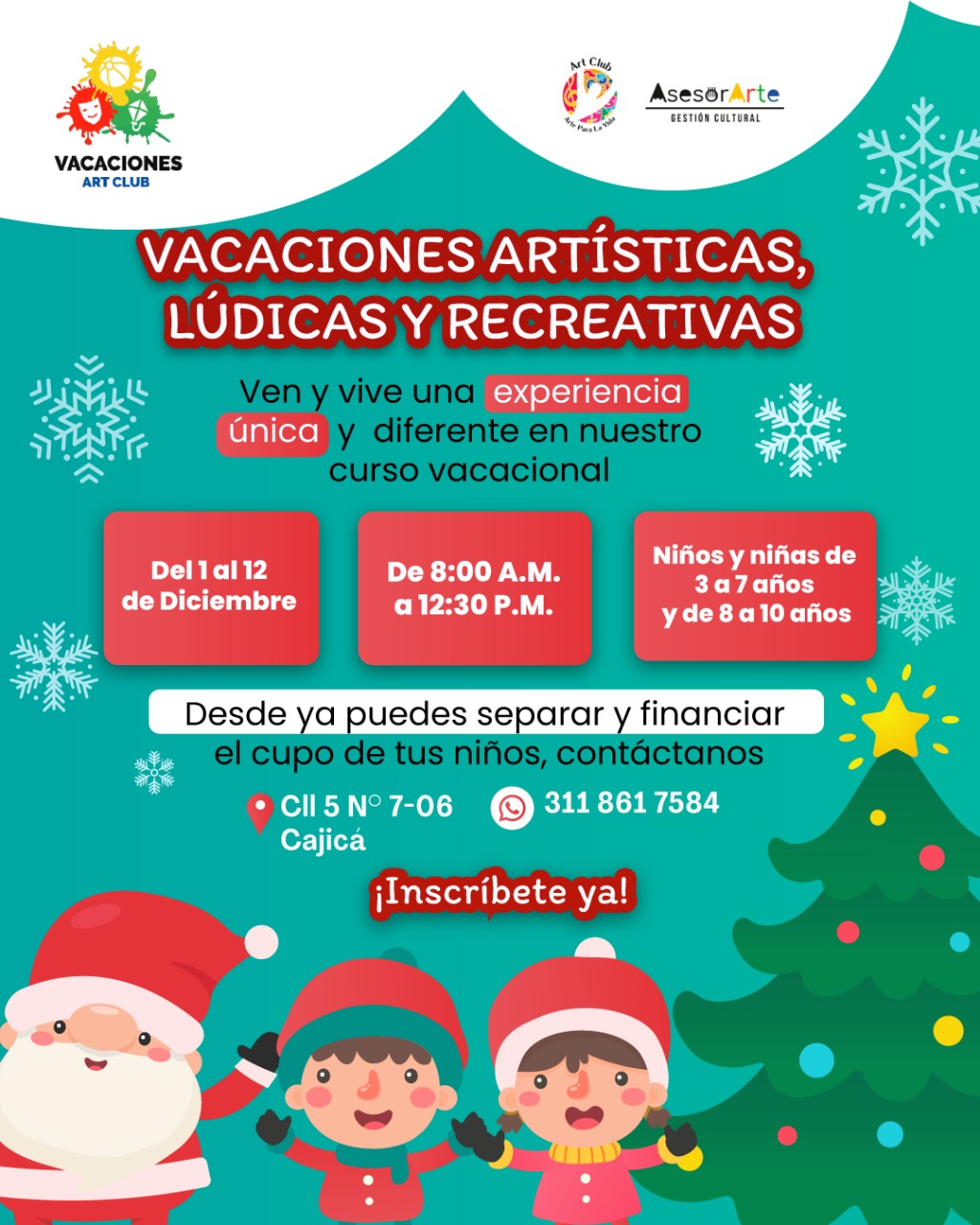 🎨✨ ¡Llegaron las vacaciones más creativas del año!
En Art Club los niños vivirán una experiencia única y diferente, llena de arte, juego y diversión.
🌈 Actividades artísticas, lúdicas y recreativas que estimulan la imaginación y el trabajo en equipo.
📅 Del 1 al 12 de diciembre
🕗 De 8:00 a.m. a 12:30 p.m.
👧👦 Niños y niñas de 3 a 10 años
Contáctanos y reserva el cupo de tu hijo 3118617584 y visita nuestra página web haciendo clic en el enlace de la bio.