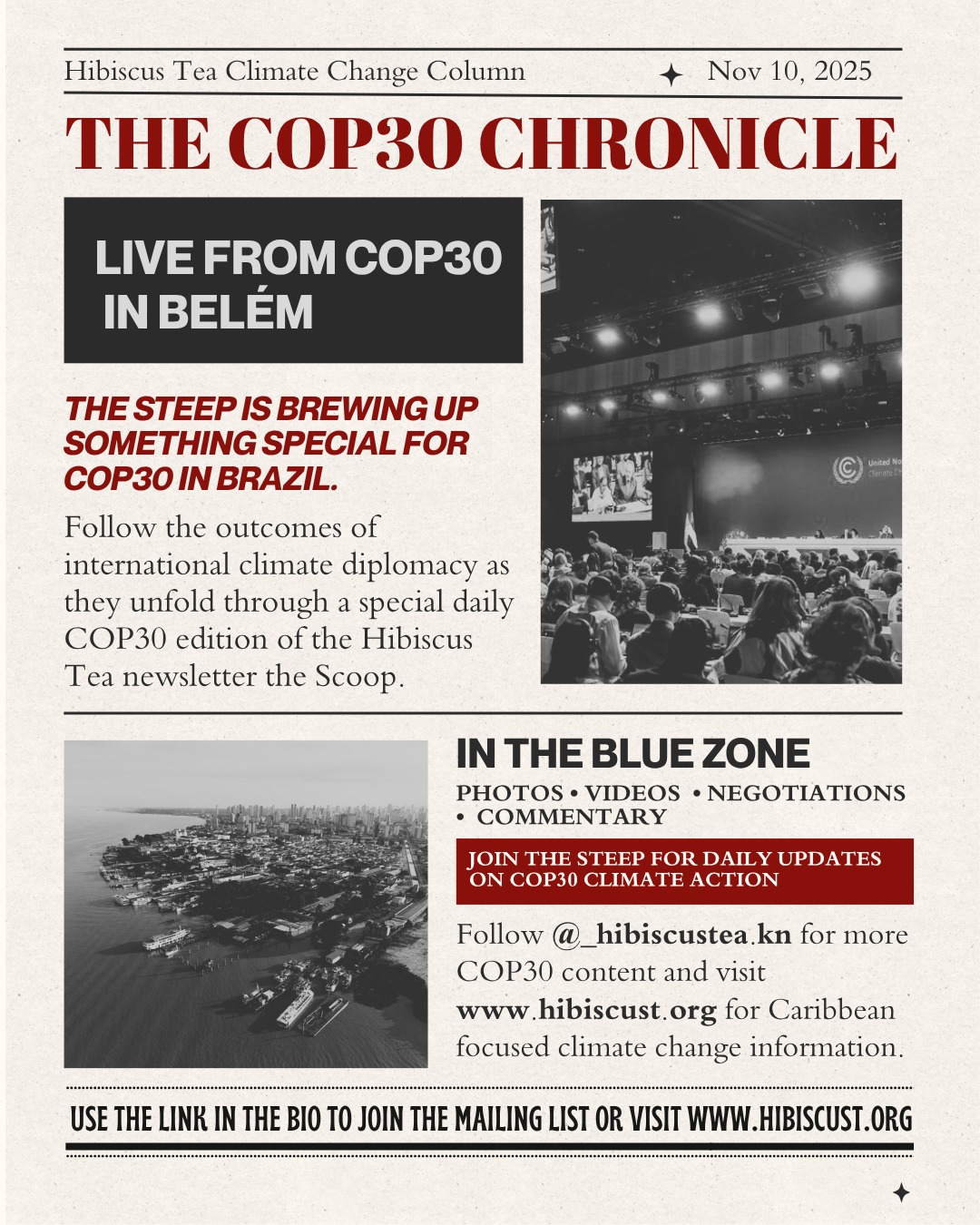 Stay in the loop about the climate policy developments at COP30 in Belém as they emerge by subscribing to a special COP30 Edition of the Steep, Hibiscus Tea’s email newsletter. COP30 is the world’s largest climate conference and the premier forum for global climate policy and environmental advocacy.
Visit www.hibiscust.org to subscribe to the newsletter to receive daily photos, videos and policy summaries live from COP30 in Belém.
.
.
.
#climateaction #cop30 #belem #caribbean #climatechange