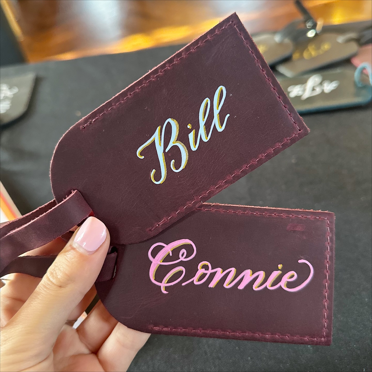 Leather luggage tags, hand painted
For a beautiful vow renewal to represent all the adventures marriage brings 🌎
.
.
#livecalligraphy #weddingcalligraphy #weddingengraving #liveartist #liweddings #librideandgroom