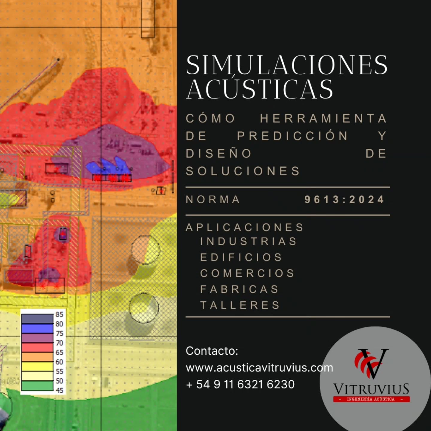 🔊 Simulaciones acústicas con software especializado e ISO 9613:2024
En VitruviuS Ingeniería Acústica aplicamos modelos predictivos avanzados para evaluar el impacto acústico antes de que los proyectos comiencen su funcionamiento 🏭⚙️
Utilizamos software profesional basado en la norma internacional ISO 9613:2024, diseñada para calcular la propagación del sonido en ambientes exteriores generados por:
✅ Industrias
✅ Obras civiles en la vía publica
✅ Talleres y fábricas
✅ Edificios con fuentes fijas de ruido
✅ Sistemas de ventilación, extractores, generadores, máquinas y equipos mecánicos
📈 Estos estudios permiten:
• Anticipar el nivel de ruido en la comunidad
• Detectar focos conflictivos antes de invertir en infraestructura
• Diseñar barreras acústicas y otras soluciones de mitigación
• Verificar el cumplimiento normativo y evitar sanciones
• Optimizar el desempeño acústico y ambiental de la actividad
➡️ ¿Estás por habilitar o modificar una industria o instalación ruidosa?
Simular el escenario acústico ahorra tiempo, dinero y conflictos con los vecinos.
En VitruviuS te acompañamos en todo el proceso: evaluación, diseño y verificación ✅
📩 Contactanos y planifiquemos tu proyecto con una visión preventiva y profesional.
www.acusticavitruvius.com
WhatsApp +54 9 11 6322 6230
@MedicionesDeRuido