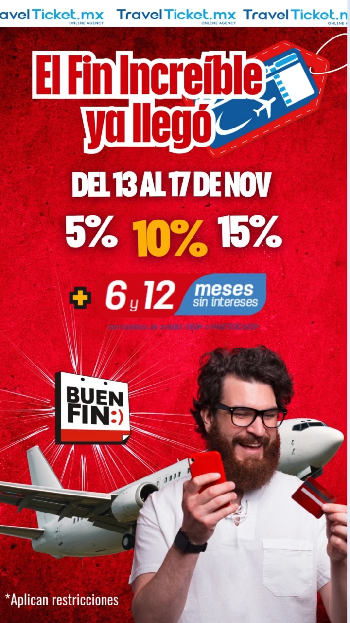 โยกAmigos viajeros! ๐จ El Buen Fin ya estรก aquรญ en ๐๐ซ๐๐ฏ๐๐ฅ ๐๐ข๐๐ค๐๐ญ y llegรณ con descuentos increรญbles.โ