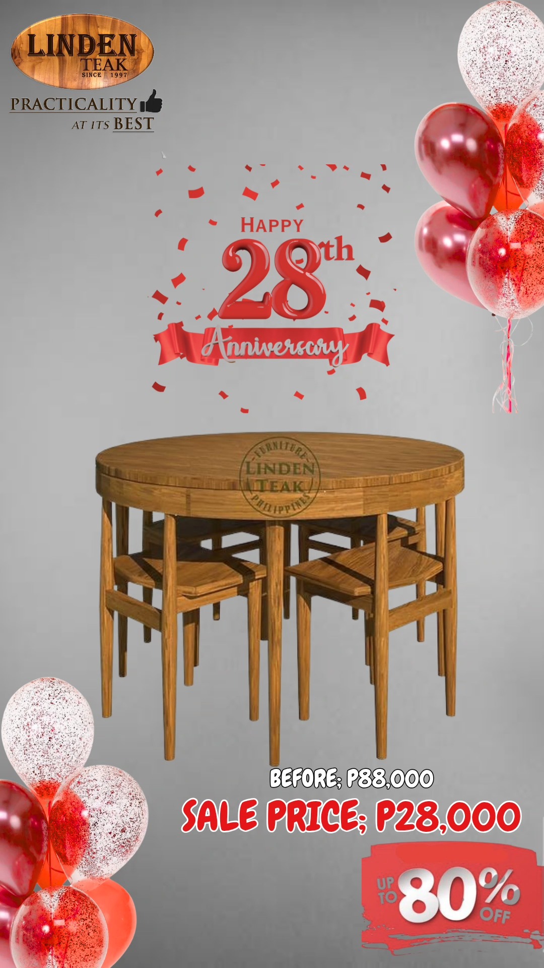 🎉 Celebrating Our 28th Anniversary!
This month only, enjoy up to 80%OFF on select items—our biggest savings of the year! Plus, get 0% interest for up to 12 months on selected purchases.
🪑 We also offer free design consultations and 3D drawings for customized furniture, along with free delivery in select areas.
📍 Visit our stores to explore over 500 actual ITEMS on display, or browse online at www.lindenteakfurniture.com.