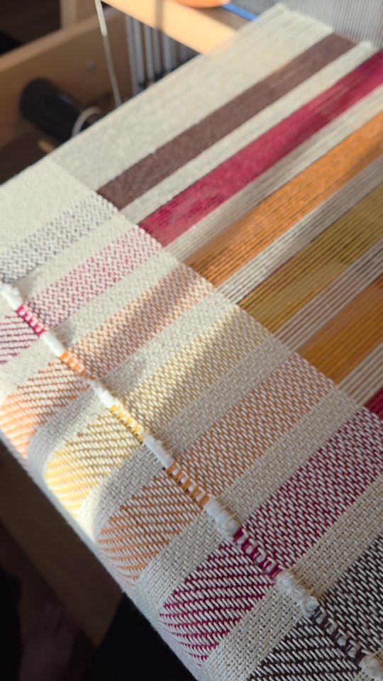 Comparison of 1/3 twill next to broken twill. Slight difference in treadling.....big difference in final cloth!
#sunriselodgefiberstudio #weaversofinstagram #weaving #handmade #handwoven #handwoven #handweaving #cotton #louet #spring #twill #brokentwill #inprogress #threadtherapy #livethelifeyoulove