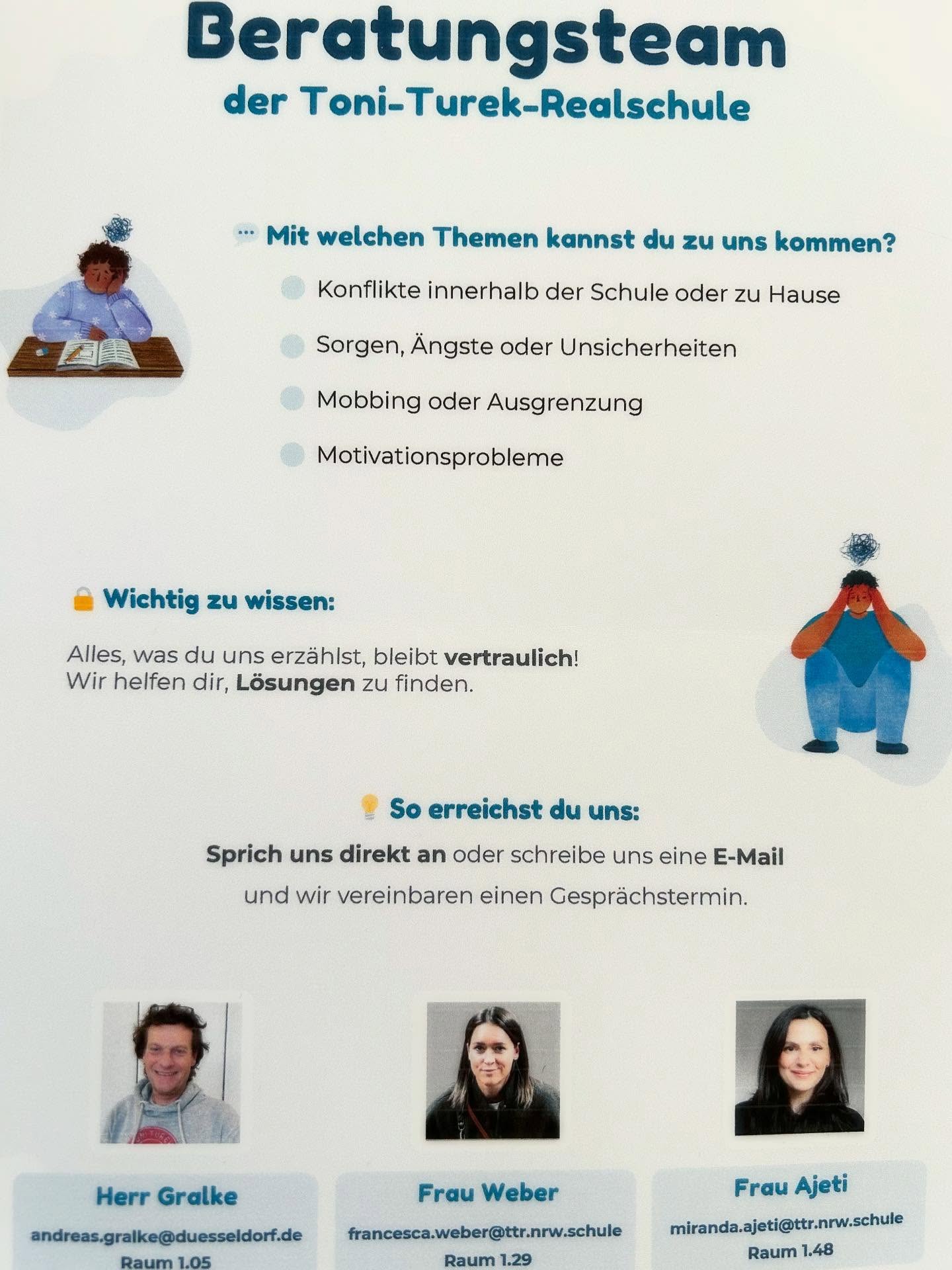 „Es wird immer gleich ein wenig anders wenn man es ausspricht!“ Das TTR Beratungsteam👩🏻💼👩🏽💼👨💼 steht dir bei Problemen, Konflikten, Sorgen, Ängsten zur Seite … unser Team hat immer ein offenes Ohr für dich! Du kannst dich jederzeit an sie wenden. Einfach ansprechen, Email schreiben oder eine Nachricht ins Fach hinterlegen lassen. #beratung #beratunginschule #toniturekrealschule #düsseldorf #düsseldorferschule #mediation