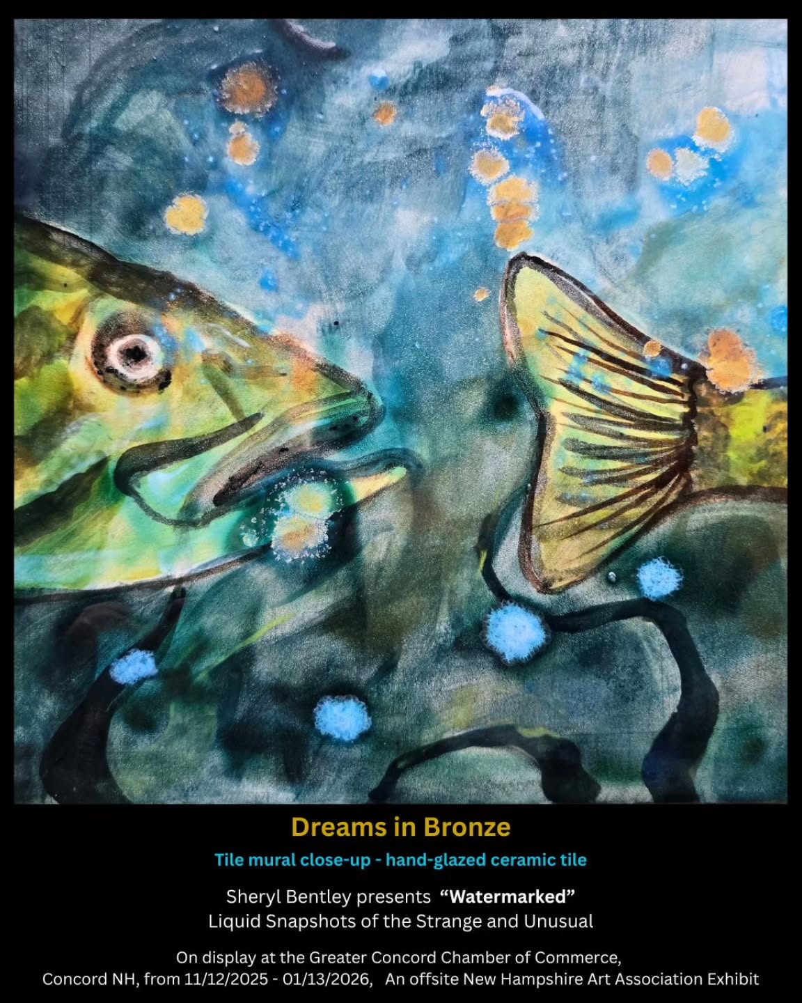 I am excited for my upcoming show "WATERMARKED - Liquid Snapshots of the Strange and Unusual" at The Greater Concord Chamber of Commerce in Concord NH. This opportunity was presented to me by the New Hampshire Art Association. The show consists of both new and old work exploring my love of the watery world. This image is a close-up of a recent tile murals. More work posting soon!
π£ππ¨
#fishlove #fishingonthebrain #fishingobsession #fishartist #fishart #tilemural #tileartist #nhartist #nhart #snallmouthbassart