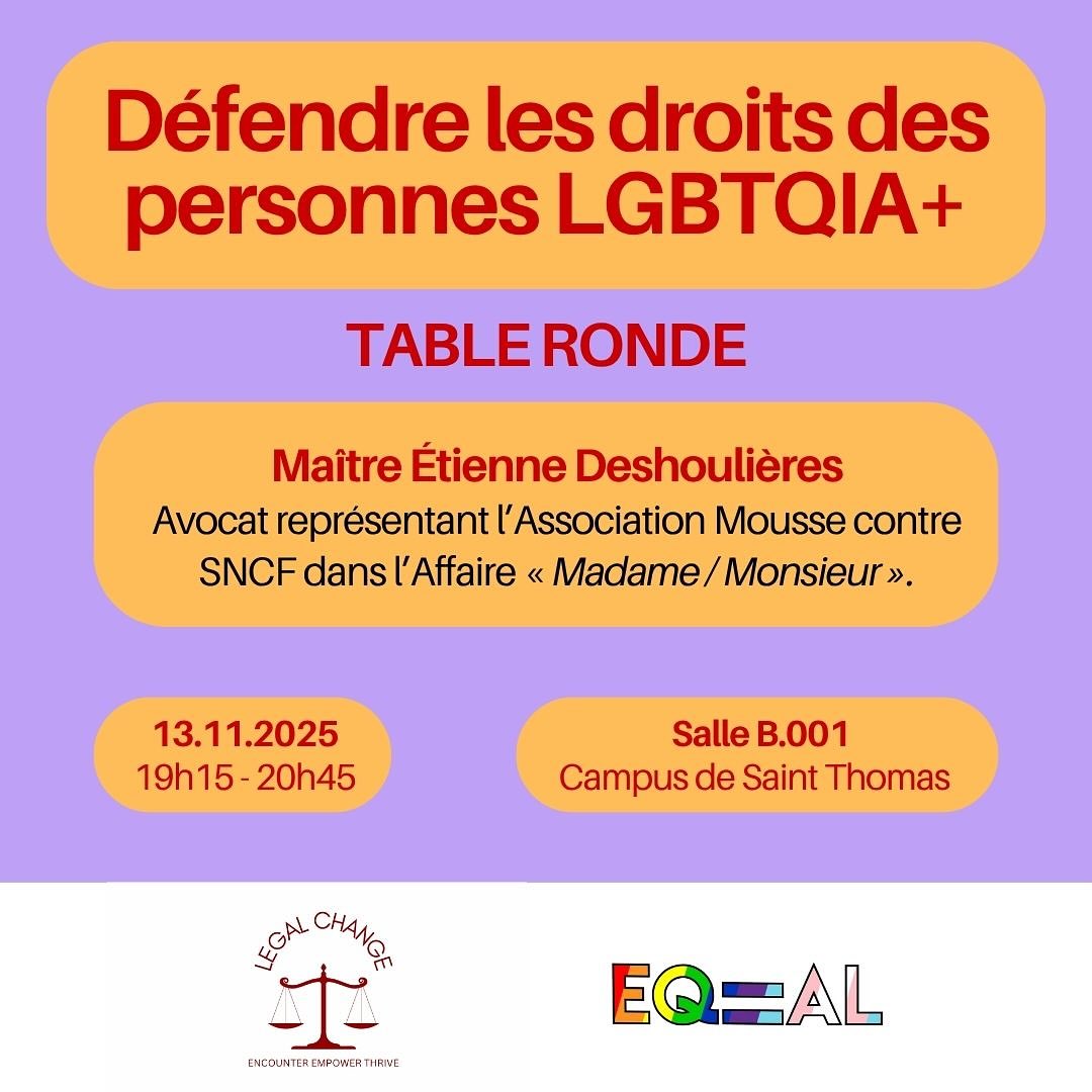 À la suite de l’arrêt du Conseil d’État du 31 juillet 2025, marquant une étape importante pour la reconnaissance des droits LGBTQIA+, Legal Change et EQUAL organisent une table ronde à Sciences Po autour des stratégies juridiques au service des droits LGBTQIA+.
💬 Maître Étienne Deshoulières, avocat ayant représenté les associations Mousse et Stop Homophobie, reviendra sur cette affaire emblématique, initiée pour contester l’obligation faite aux clients de la SNCF d’indiquer une civilité binaire (« Madame » / « Monsieur ») lors de l’achat d’un billet.
Il présentera la notion de procès stratégique, en explorant à la fois ses fondements conceptuels et ses applications concrètes à travers plusieurs contentieux LGBTQIA+ majeurs.
Un échange pour comprendre comment le droit peut devenir un outil d’émancipation et d’inclusivité, à Sciences Po comme dans la société, tout en soulignant le rôle déterminant des associations dans la défense des droits fondamentaux et la protection de l’identité et de la vie privée, notamment des personnes transgenres, intersexes et non-binaires.
📅 13 novembre 2025 - 19h15 à 21h00
📍 Salle B001, 1 place Saint-Thomas-d’Aquin, 75007 Paris