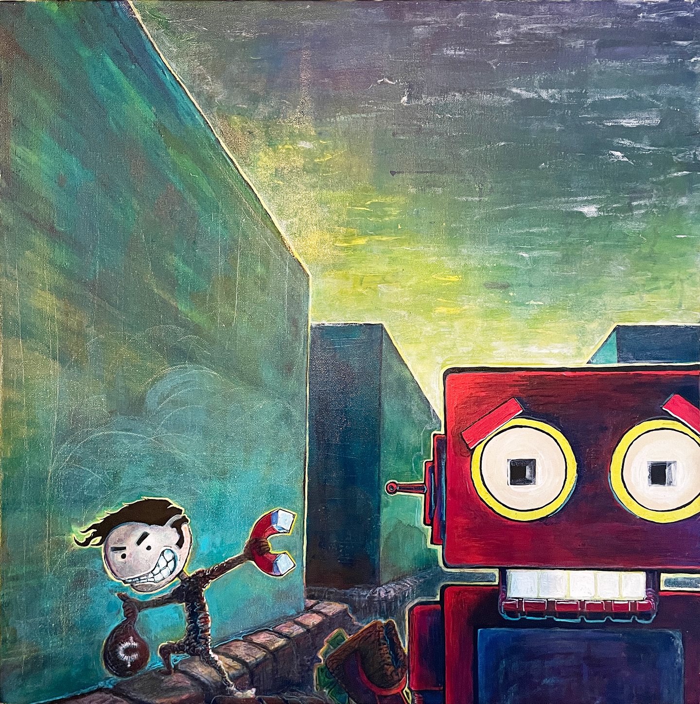 Assorted flavors to savor. We first see the before and after (strike that, reverse it) on the coveted, gifted unnamed red-bot pursued by a youngster with a magnet and a penchant for currency. This latest update was in celebration of our full year of working together to form The Kneverworks.
Moving forward, we have some originals on display. “IBM” (Intellectual Blonde Malcontent) along with an earlier version of the gargantuan “Bow Down.” You can also see the 3-part series “Boy who thinks he’s in Disney’s ‘UP’ when in actuality, he’s in ‘Legend’ with Tom Cruise.” And also a snapshot from a series that followed a wax figure as he travels around trying to find purpose and the eventual end to existence.