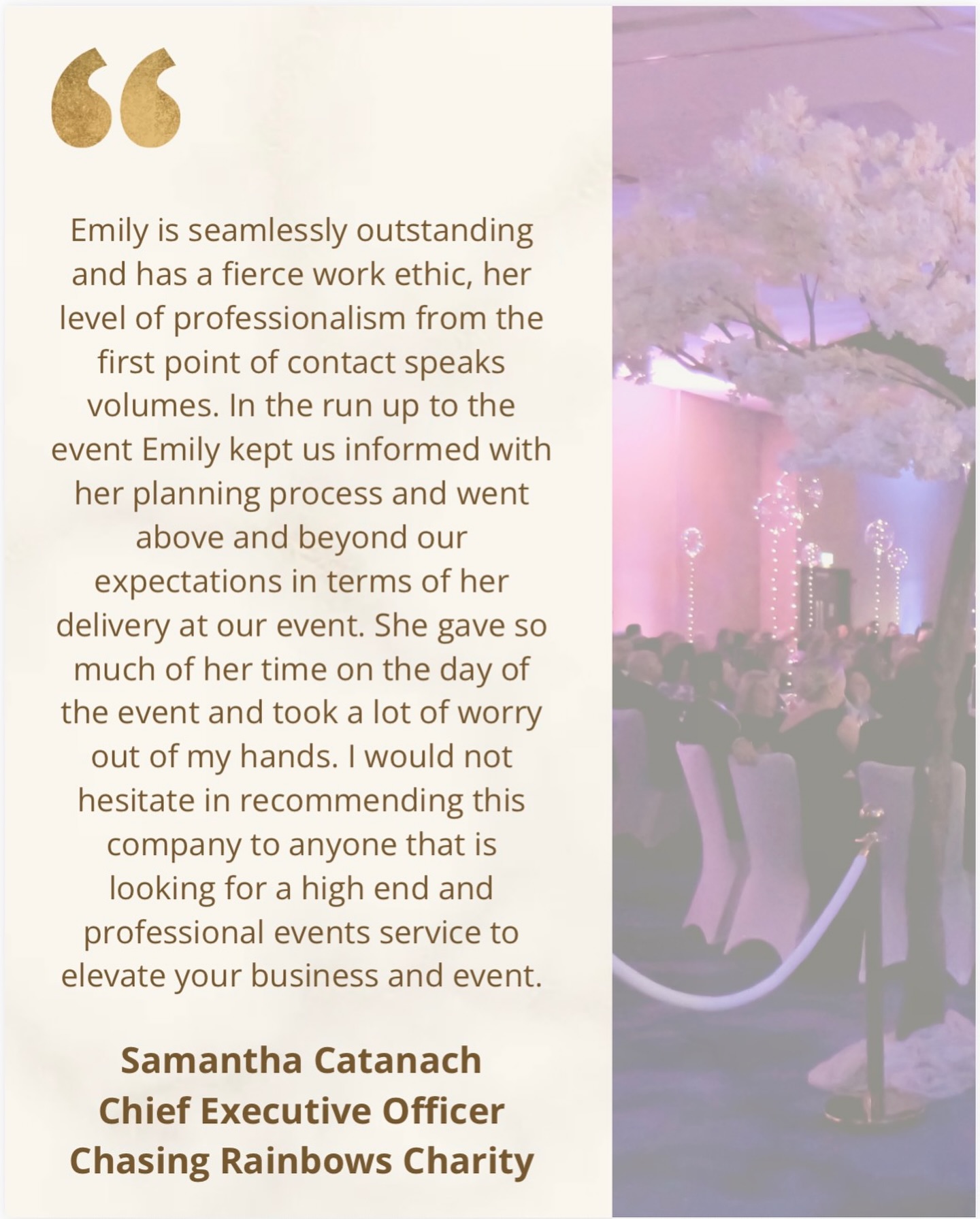 Feeling so grateful for kind words like these 💖
We love working with amazing clients who value professionalism, creativity, and recognise when we go the extra mile
Our ethos is all about building relationships and growing together, and we are so excited about our new connection with @chasingrainbowscharityuk
#GoldenThreadEvents #ClientLove #EventStyling #HullEvents #LuxuryEvents #EventPlanner #EventDesign