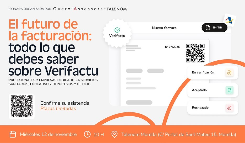 🚨🚑📚 Formación VERI*FACTU para empresas de actividades sanitarias, educativas, deportivas y de ocio
El próximo miércoles 12 de noviembre organizamos una sesión específica en dos localidades de Els Ports y El Maestrazgo dirigida a profesionales que no están obligados a emitir facturas con todos los datos del cliente, como sanitarios, docentes, terapeutas, etc.
📍 Dónde y cuándo:
Morella: 10:00 h (Oficinas de Querol Assessors by Talenom, C/ Portal de Sant Mateu 15)
👉 https://forms.office.com/Pages/ResponsePage.aspx?id=m6kAJeYFXUqH47eiWLeHyu6ckp_-PkRPt-JrGYswqmlUN045WlJDVFZVMVhOWjlXTzZRWTUyM0Y4SS4u
Cantavieja: 13:00 h (Salón de plenos de la Comarca del Maestrazgo)
👉 https://forms.office.com/Pages/ResponsePage.aspx?id=m6kAJeYFXUqH47eiWLeHyu6ckp_-PkRPt-JrGYswqmlUNVdIUVBITzkxMzc5UEFQSFVJTllVQklUMS4u
🔍 ¿Qué veremos?
• Qué implica el sistema VERI*FACTU para profesionales exentos.
• Cómo adaptar tu facturación sin errores ni sanciones.
• Casos prácticos y resolución de dudas específicas del sector.
👩⚕👨🏫 Dirigido a: Profesionales y empresas de actividades sanitarias, educativas, deportivas y de ocio
📝 Inscripción gratuita y abierta
Solicita tu plaza a través del QR de la invitación o del enlace superior.
¡No te quedes atrás en la transformación digital! @querolassessors te acompaña en este proceso.
#Verifactu #Formación #Sanitarios #Educación #Exentos #QuerolAssessors #Talenom #Factura2025 #TransformaciónDigital