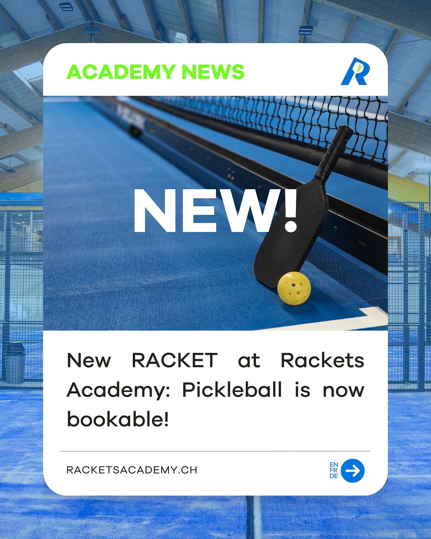 📰 NEWS❗️Pickleball - now bookable at Rackets Academy.
Have you heard of pickleball? Try it on one of our 4 indoor courts at comfortable 18 °C throughout. Bookable every Wednesday 19:00-21:00 and Sunday 09:00-12:00.
📲 Book on Playtomic and see why it’s so fun!
🤔 Any questions? Message Phil on WhatsApp
🎾🎾🎾
📰 ACTUALITÉS❗️ Pickleball – désormais disponibles à la réservation à la Rackets Academy.
As-tu déjà entendu parler du pickleball ? Viens l’essayer sur l’un de nos 4 courts couverts à une température agréable de 18 °C. Réservation possible tous les mercredis de 19h00 à 21h00 et les dimanches de 9h00 à 12h00.
📲 Réserve via Playtomic et découvre par toi-même à quel point c’est amusant !
🤔 Des questions ? Envoie un message à Phil sur WhatsApp
🎾🎾🎾
📰 NEWS❗️ Pickleball – jetzt buchbar in der Rackets Academy.
Hast du schon mal von Pickleball gehört? Probiere es auf einem unserer 4 Indoor-Plätze bei angenehmen 18 °C aus. Buchbar jeden Mittwoch von 19:00 bis 21:00 Uhr und Sonntag von 9:00 bis 12:00 Uhr.
📲 Buche über Playtomic und erlebe selbst, wie viel Spaß es macht!
🤔 Hast du Fragen? Schreib Phil eine Nachricht auf WhatsApp
#pickleball #new #sport #valais #wallis #valaiswallis #switzerland #suisse #schweiz