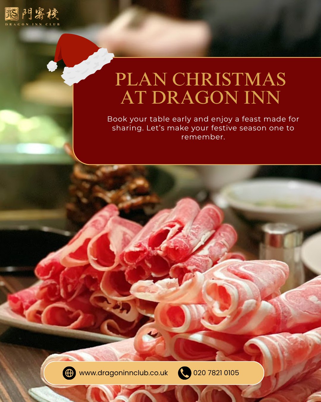 Turn this Christmas into a celebration of taste and tradition at Dragon Inn Club. Our festive menu is filled with authentic Sichuan dishes that bring warmth and excitement to your table.
Whether it’s an office party or a family gathering, we’ve got the perfect setting. Plan your Christmas with us and make it unforgettable.
#Dragoninclub #Sichuan #Sichuanhotpot #dimsum #london #pimilco #londonvictoria #buckinghampalace #chelsea #theatres