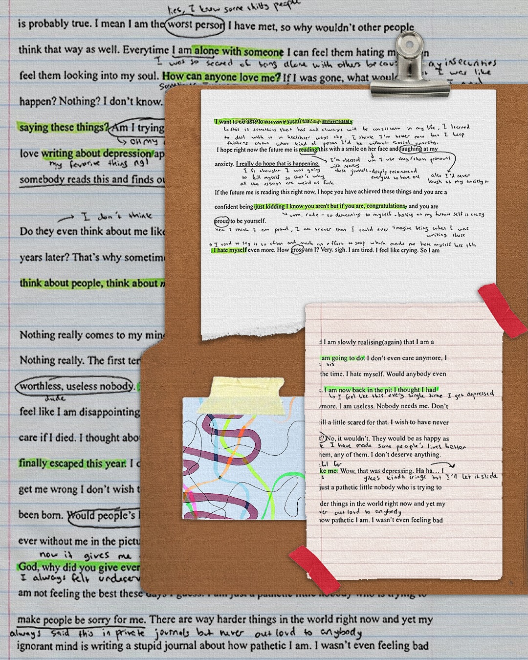“Lise öğretmenim İngilizce yazma pratiği yapmak için bize günlük tuttururdu. Ne istersek yazabileceğimizi ve asla okumayacağını söylerdi, ben de tüm garip ve depresif düşüncelerimi yazıp her hafta teslim ederdim.”
Deniz’in “old journals.” adlı çalışmasının tamamı bio’daki linkte!!!