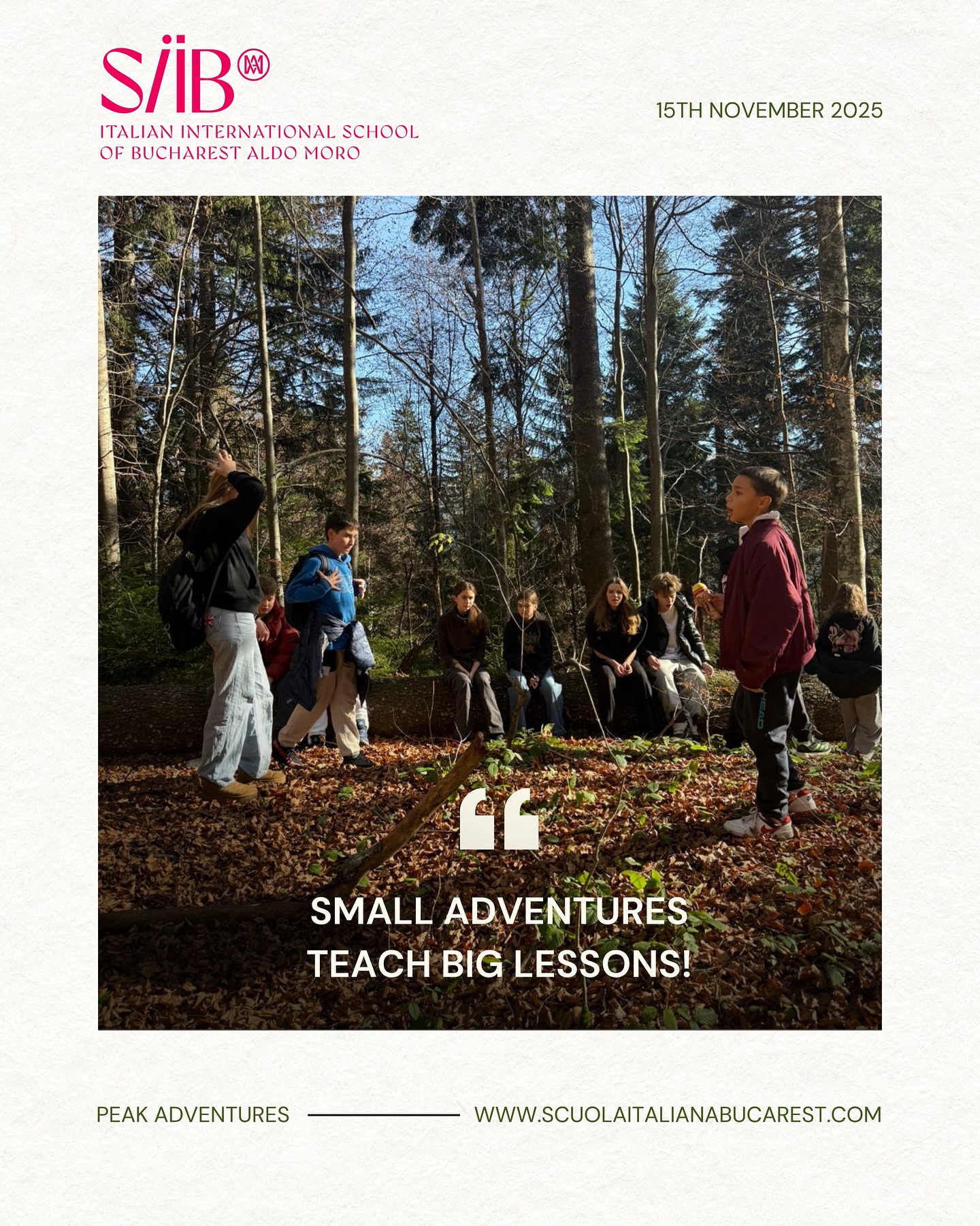 We love mountain trips!
A breath of fresh mountain air, a peaceful walk through the forest, and — of course — learning essential survival skills in the heart of nature!
At our Middle School, every trip becomes a real educational adventure: exploration, discovery, and hands-on learning.
Students connect with nature, learn how to navigate, work as a team, and handle unexpected situations — all in a safe environment guided by dedicated teachers.
Because true beauty is found in the experiences that shape us!🌲✨
#schooltrip #hiking