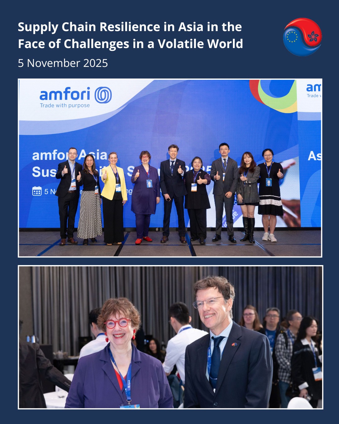 Last week, EuroCham was proud to support the AMFORI Asia Sustainability Summit in Hong Kong, focused on "Supply Chain Resilience in a Volatile World."
We brought together leaders and experts to tackle the biggest challenges in global trade head-on!
We dived into:
🌱 ESG Compliance & Decarbonization: Making "green" happen.
🤝 Human Rights Due Diligence: Ensuring transparent and ethical sourcing.
📊 Scope 3 Emissions: Practical tools for management and traceability.
✅ Audit Integrity: Strengthening quality management across the supply chain.
It was inspiring to witness the power of collaboration across Asia to shape a more resilient and responsible future for trade!
#SustainabilitySummit #GlobalSupplyChain #GreenBusiness #ESGCompliance #HKevents #TradeWithPurpose #ResponsibleSourcing #FutureofTrade