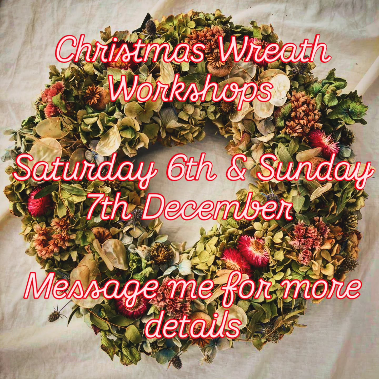 Fully Booked for this year! Christmas Wreath Workshops
Saturday 6th & Sunday 7th December
Message me for more details!
The gorgeous Pam is coming back to collaborate with us here @thegreenhousesparetreat to create stunning wreaths crafted from our garden.
We have been harvesting, drying, cutting, hanging all the blooms we can from the garden before Autumn came to ready ourselves for these beautiful wreaths you will make.
Come and join us to create your unique Christmas wreath!
Spaces are limited on a first come first booked place.
We would love to welcome you with festive treats, warming yourselves with the roaring fire, drinking hot punch and having fun with friends and family, all whilst learning a new skill or picking up your previous craft.
Sessions are £45 per person
Please message me on 07907163142, DM or email thegreenhousespa@gmail.com
Wishing you a wonderful festive season and trust we will be seeing you soon 🍁
Victoria