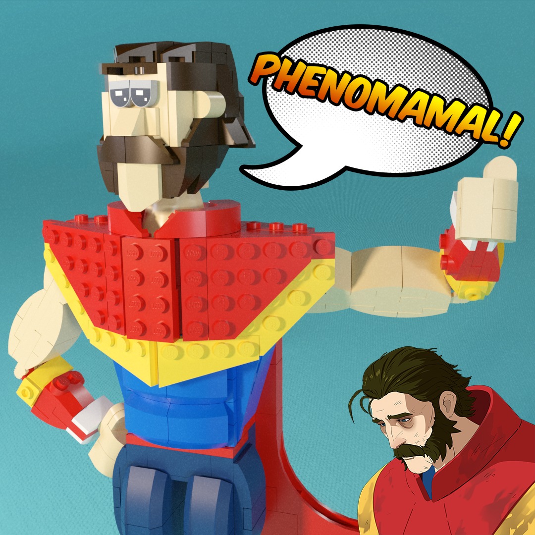 Before, I shied away from building people with LEGO because it’s easy to fall into the uncanny valley. However, I really enjoyed the character of Phenomaman from the game Dispatch and decided to give it a try, since he has a lot of features that are easy to exaggerate.
I used the Frankenstein BrickHeadz eyes to capture his exhausted appearance. Other challenges included his rounded collar and the complex angles of his chest plate.