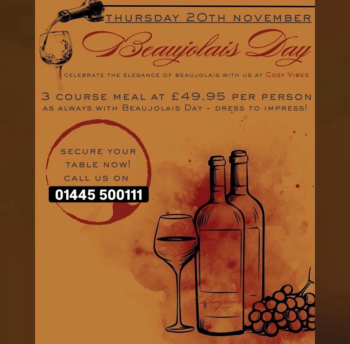 Remaining few spaces available for Beaujolais Day ๐ท
Book now to avoid disappointment - ๐ 01446 500111