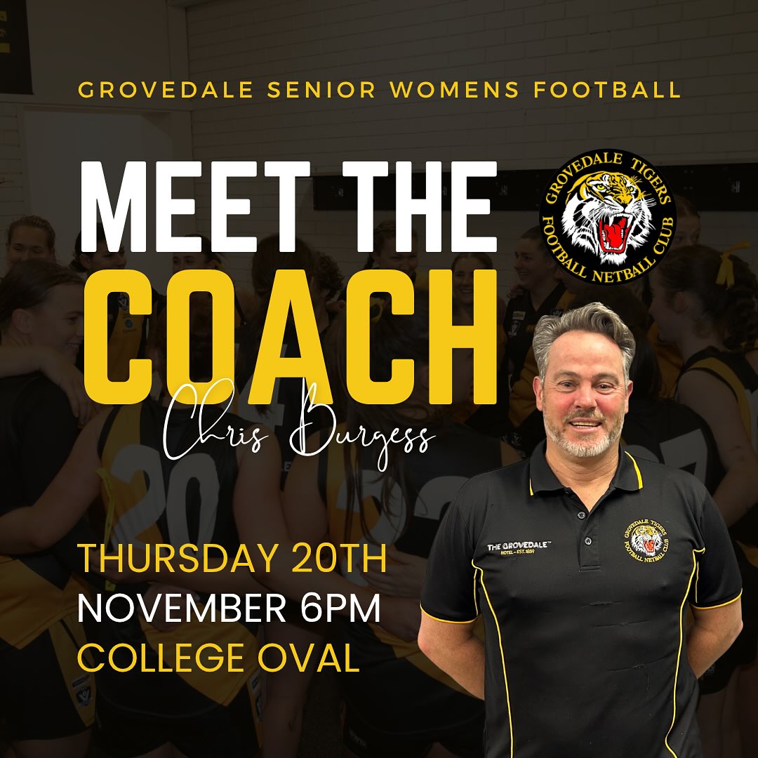 MEET THE COACH NIGHT - THURSDAY 20th NOVEMBER
Come along to the Club & meet Senior Women’s coach Chris Burgess! We will be having a BBQ on the College Oval from 6pm and everyone is welcome! No training just a casual night to get season 2026 kicked off in the perfect way💛🖤