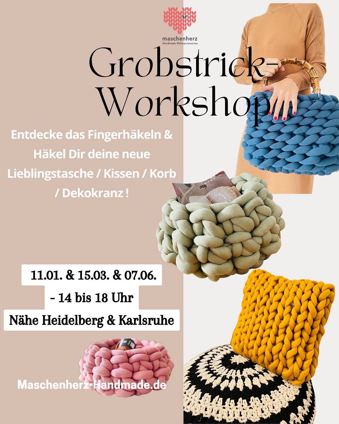 🌸Ihr Lieben Häkelfans, die neuen Workshop-Termine für 2026 sind da 🧶🤩
Mach 2026 zu deinem kreativen Jahr 🥰 und sei bei einen der geselligen Maschenherz-Workshops dabei. Es erwarten dich altbewährte Lieblingsprojekte und neue Kursideen:
🌸 Körbe im Skandylook aus Bobbiny-Kordel
🌷Taschen, Kissen, Körbe und Kränze aus Grobstrick
🌼 neuer Kurs „Granny Square“ häkeln
🧵 Grundkurs „Häkel lernen an einem Wochenende“
🐑 Merinodecke mit den Fingern stricken uvm.
Ob Anfängerin oder Häkelprofi - bei Maschenherz findest du bestimmt dein neues Lieblingsprojekt 🧶🥰.
Jetzt Termine entdecken & Platz sichern 🤓 Link in Bio 💜
#maschenherz #häkelliebe #häkeln #häkelnlernen #häkelworkshop #badschönborn #grobstricktasche #häkeltaschenselbermachen #häkelkorb #häkelnfüranfänger #grundkurshäkeln #kreativworkshop
