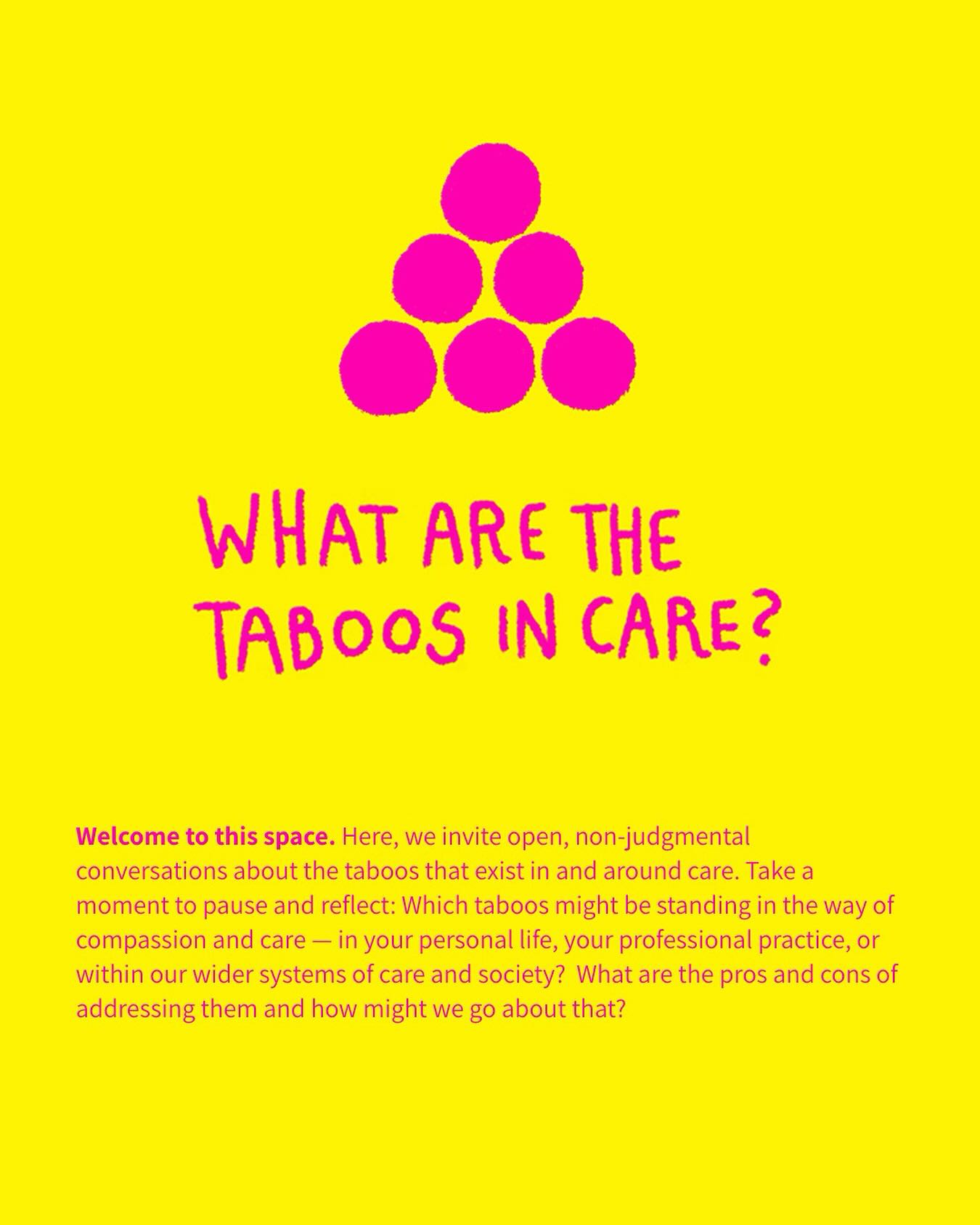 🌿 Breaking Taboos, Nurturing Care 🌿
Over the years, exploring Care has led us to uncover many taboos—around death, mental health, sexuality, ageing, and caregiving.
We’ve come to believe that addressing taboos is itself an act of Care: done sensitively, it deepens human connection and empowers people, teams, and systems to deliver truly compassionate care. 💛
✨ Care Dialogues at @thecarelab is a new exploratory space for such topics, combining artistic collaboration, research, and hands-on experimentation to spark societal debate around Care.
We’re starting this November at the Compassion Revolution Conference in Adelaide with our first workshop:
💬 “Can we talk about that?”
And we’re launching whatistaboo.care — a global platform to share stories and ideas about care taboos worldwide. 🌍
Join the conversation. Let’s face taboos together and unlock compassionate care. 💫
#CareDialogues #CompassionRevolution #AddressingTaboos #MentalHealthMatters #EndOfLifeCare #AgingWithDignity #CaregivingSupport #ArtAndCare #tabooasactofcare