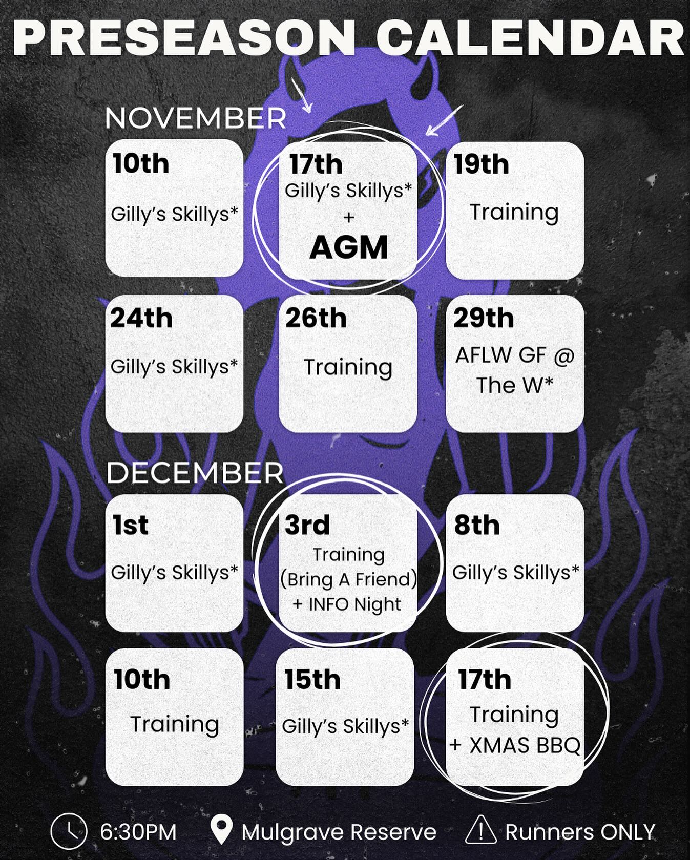 Mark your calendars; we’re back, baby!
*Gilly’s Skillys will continue on Mondays (optional, but highly encouraged).
Main sessions kick off from the 19th. All new players welcome! Any questions? Reach out to us on our socials or via the link below
https://www.easterndevils.com/new-player-enquiry-form