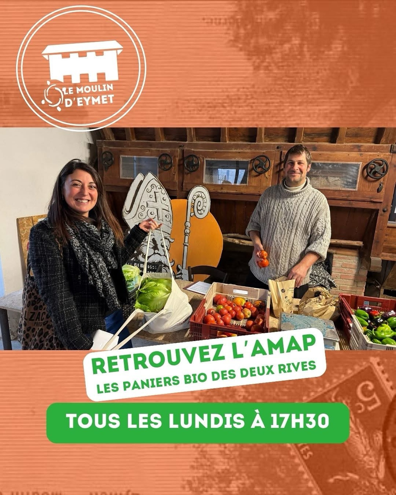 Bienvenue Ă Claire, nouvelle adhĂ©rente Ă lâAMAP « Les paniers bio des deux rives ». On vous attend au Moulin dâEymet comme chaque semaine lundi Ă 17h30 !