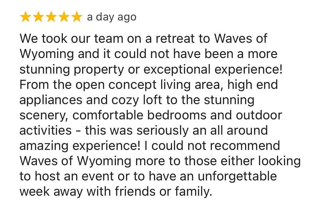 Another 5 Star Google Review just landed — and our hearts are full!🩵
#WavesOfWyoming #WyomingWeddingVenue #WyomingWeddings #FiveStarVenue #AirbnbWeddingVenue #GuestReviews #DestinationWithoutTheDistance #visitwyo #airbnb #vrbo #thanksgivinggetaway