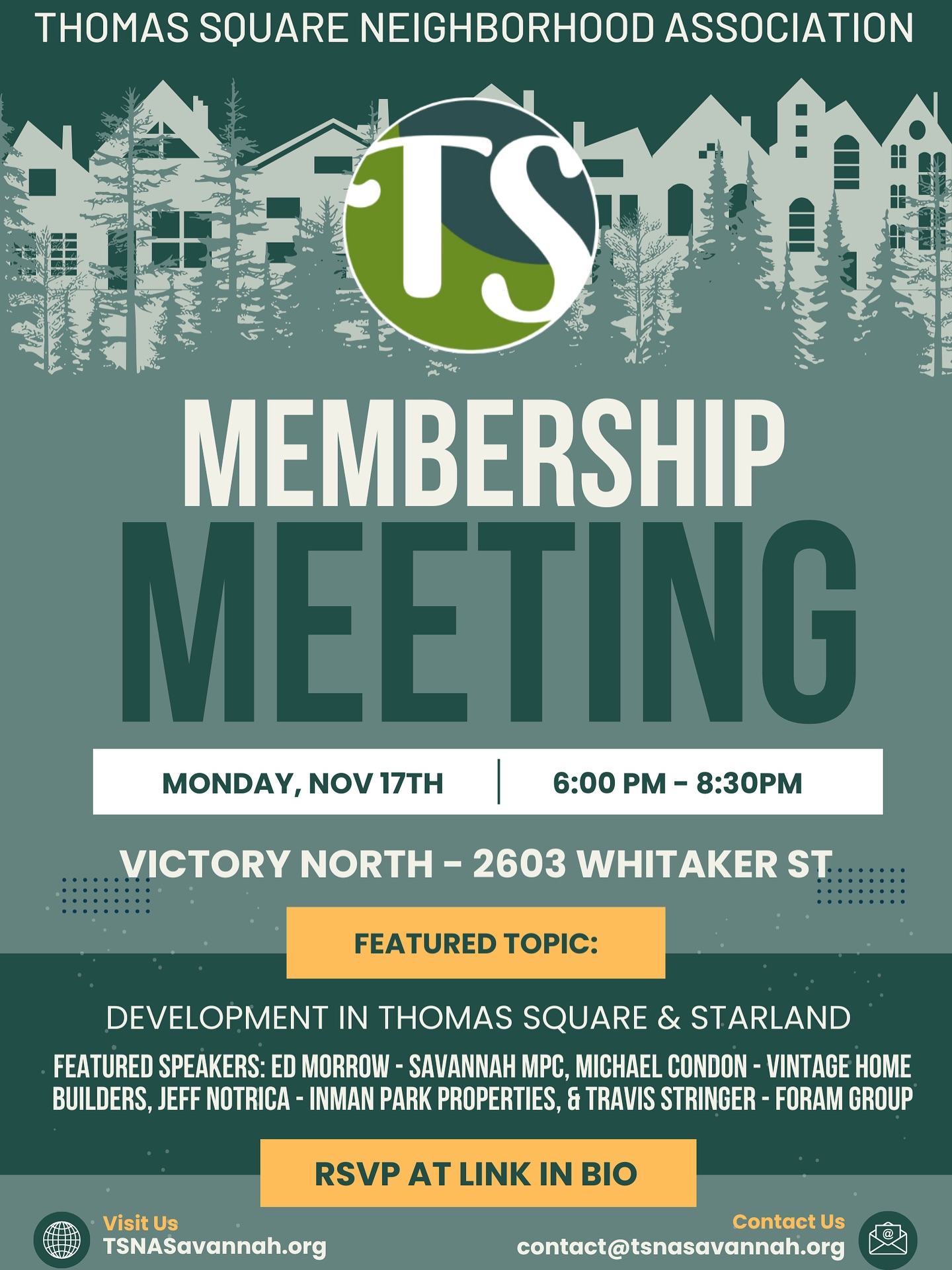📣 Thomas Square neighbors—mark your calendars. With several development proposals active in our district and the Hotel Development Overlay now before City Council, our next TSNA Membership Meeting on Monday, Nov 17 at 6 PM at Victory North will bring together city officials and the developers behind these projects for a rare community Q&A.
If you want to hear directly from the people involved, understand what’s being proposed, and stay engaged in shaping our neighborhood’s future, this is the meeting to attend.
➡️ All neighbors welcome. Please spread the word.
#ThomasSquare #StarlandDistrict #SavannahGA #TSNA #CommunityMeeting #NeighborhoodEngagement
➡️ Please RSVP at the link in our bio