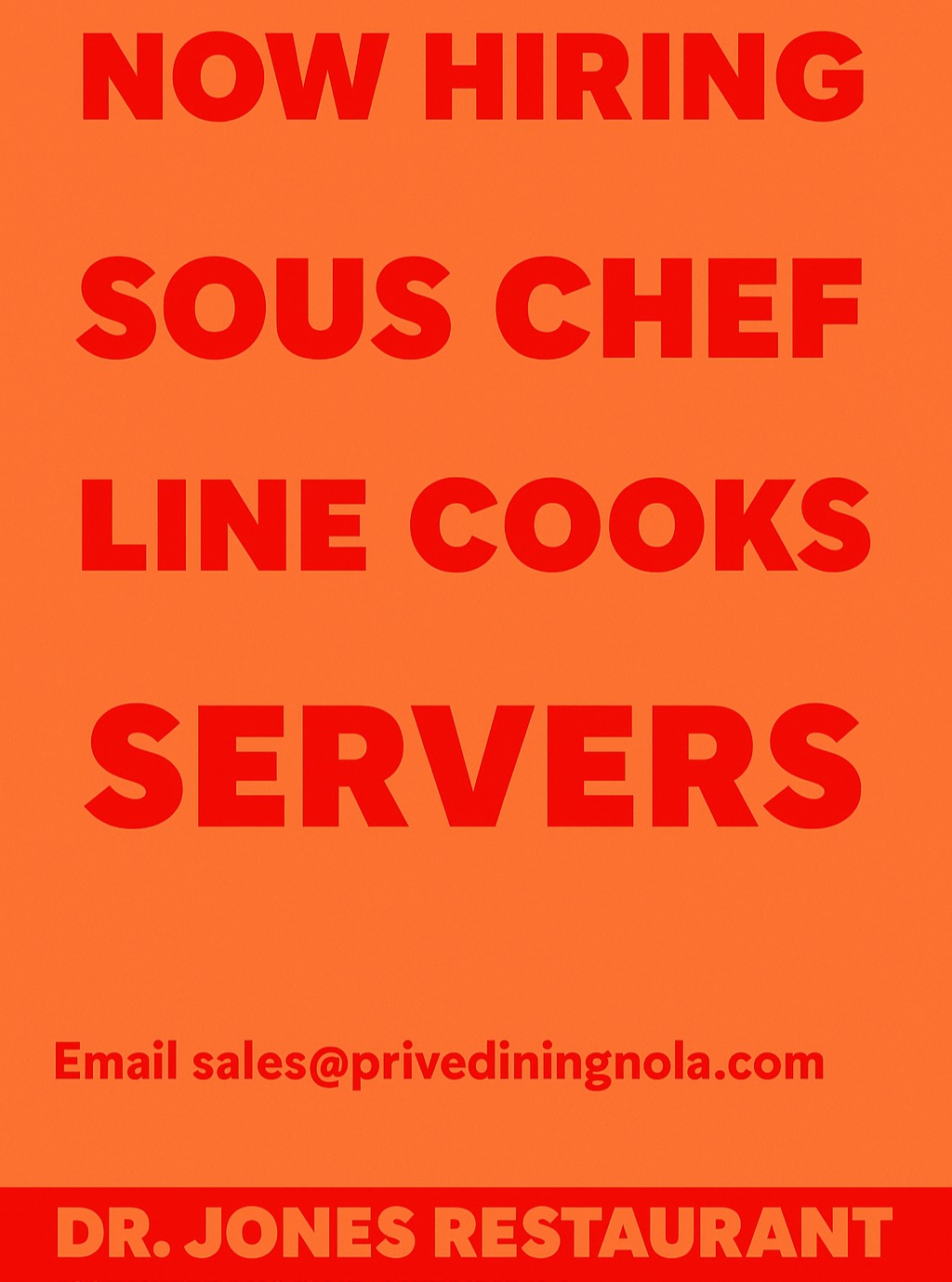 🔥 NOW HIRING at Dr. Jones Restaurant 🔥
We’re looking for talented, passionate people to join our team!
👨🍳 Sous Chef
🍳 Line Cooks
🍽️ Servers
If you love great food, good energy, and New Orleans hospitality, we’d love to meet you.
📧 Email sales@privediningnola.com to apply
📍 1325 Veterans Blvd, Metairie, LA